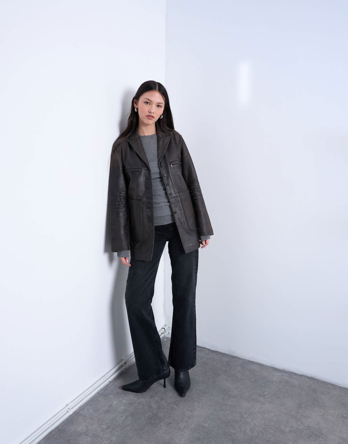Topshop premium real leather blazer with patch pockets in washed black