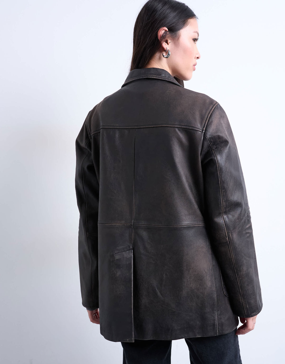 Topshop premium real leather blazer with patch pockets in washed black
