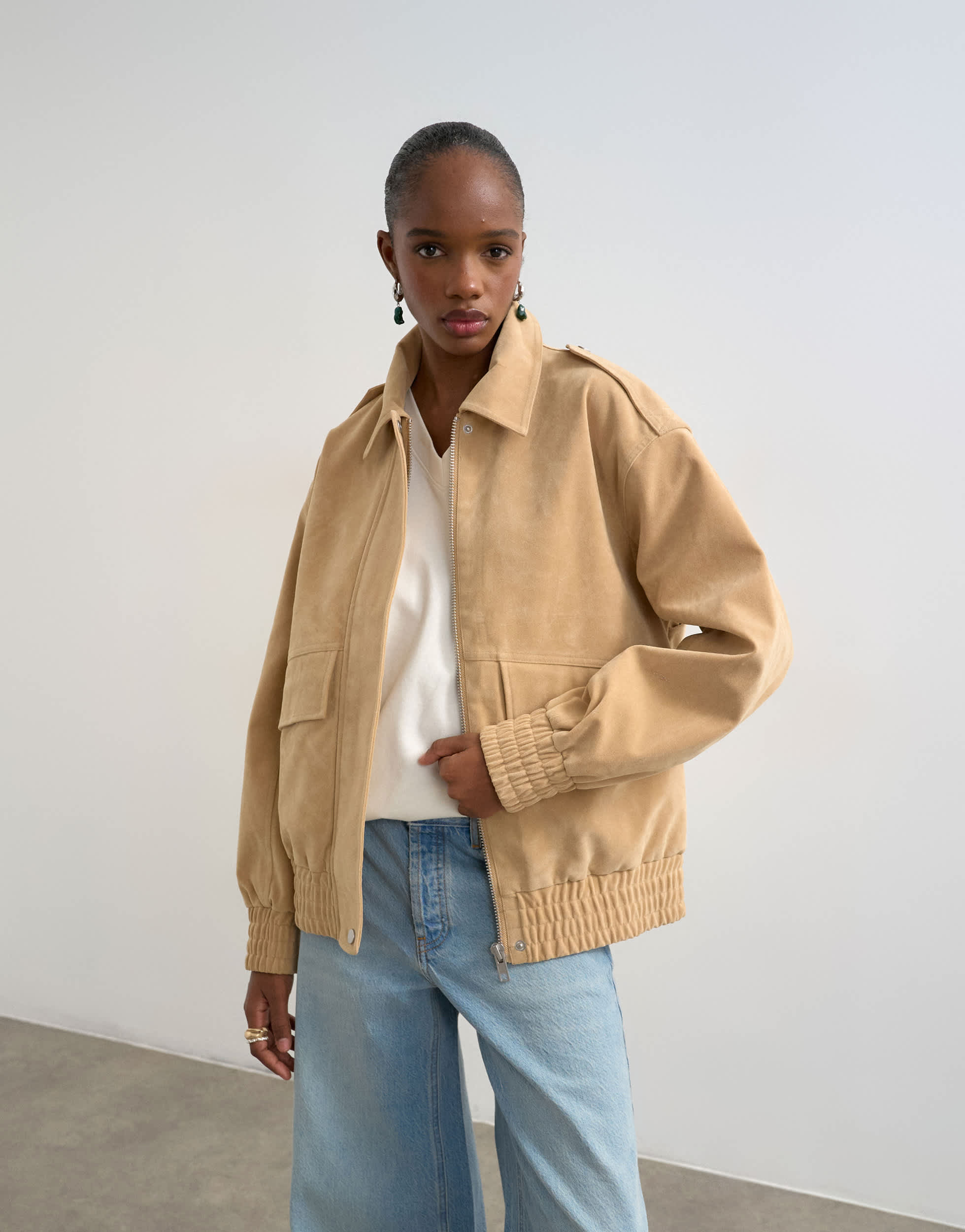 Topshop faux suede oversized bomber in stone