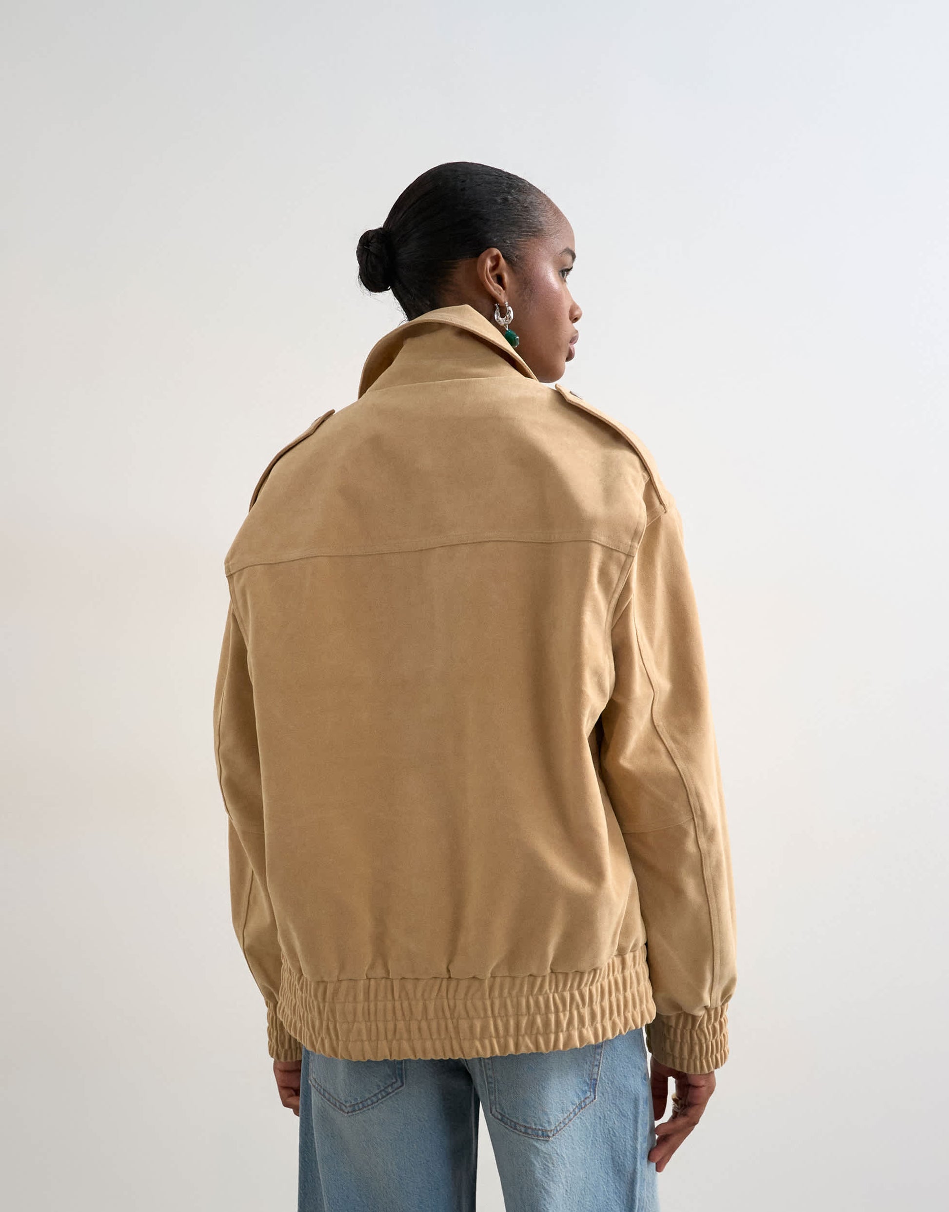 Topshop faux suede oversized bomber in stone