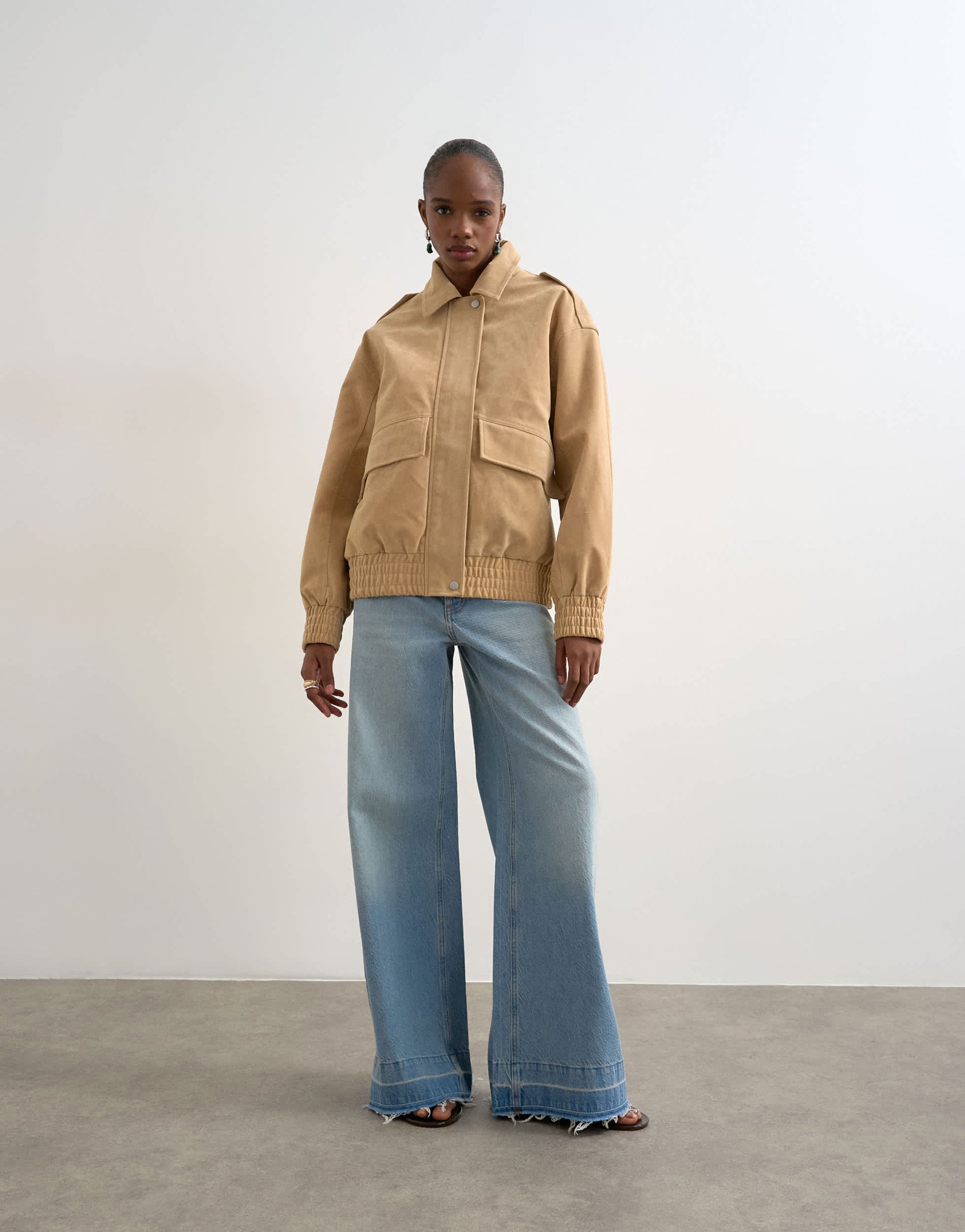 Topshop faux suede oversized bomber in stone