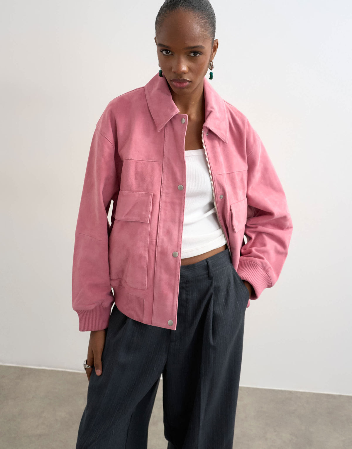 Topshop premium suede bomber jacket in pink