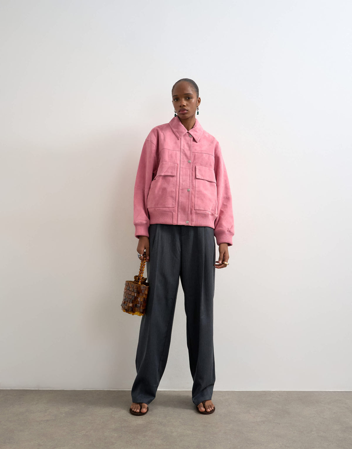 Topshop premium suede bomber jacket in pink
