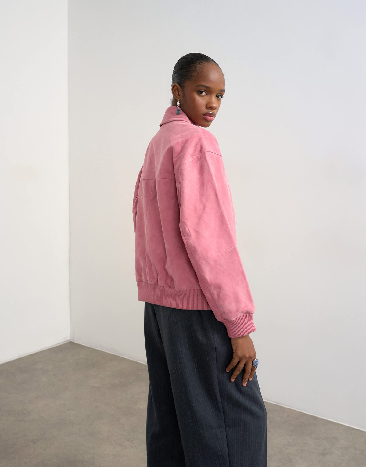 Topshop premium suede bomber jacket in pink
