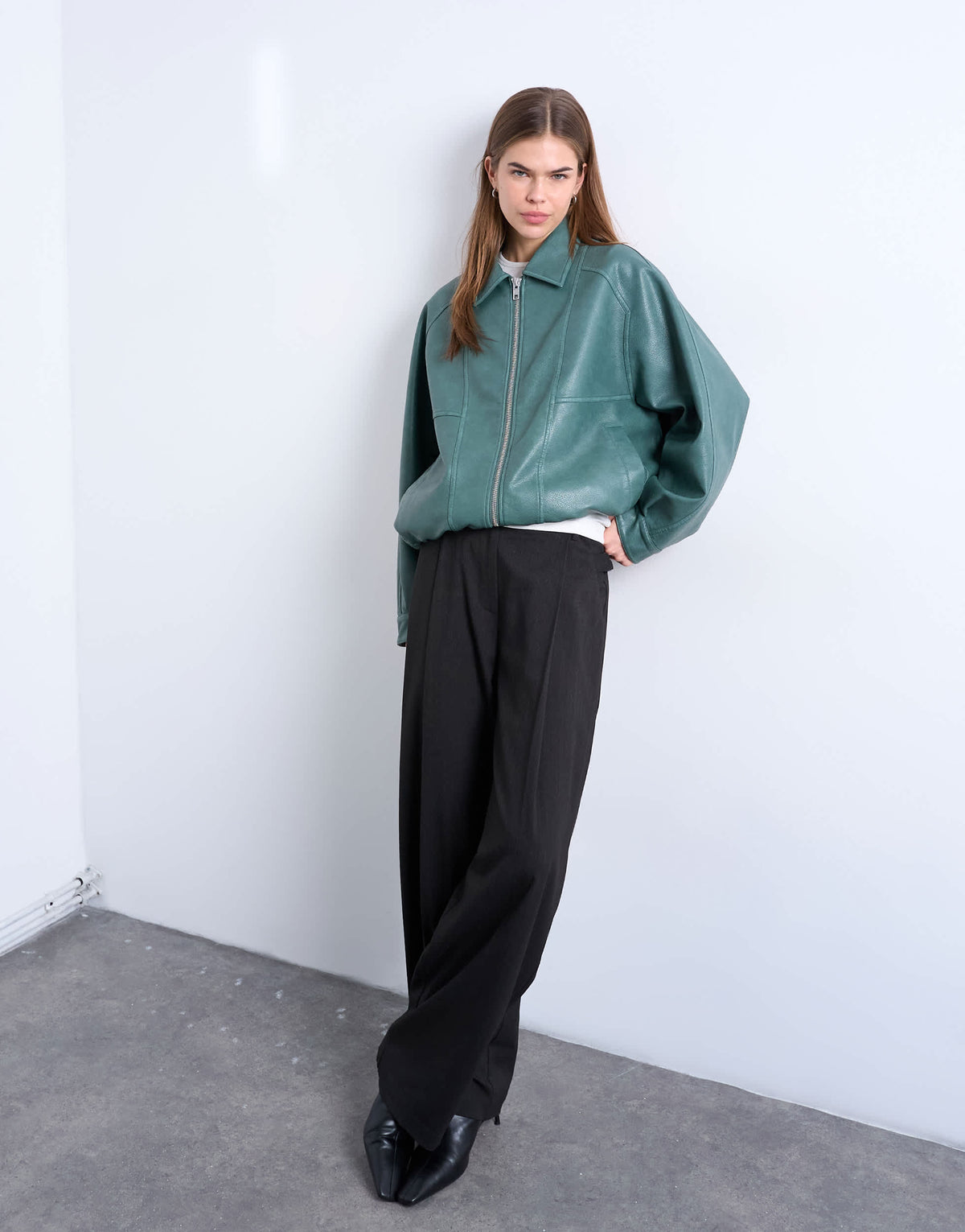 Topshop pu zip through seam detail jacket in teal