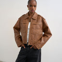 Topshop PU zip through jacket in washed brown