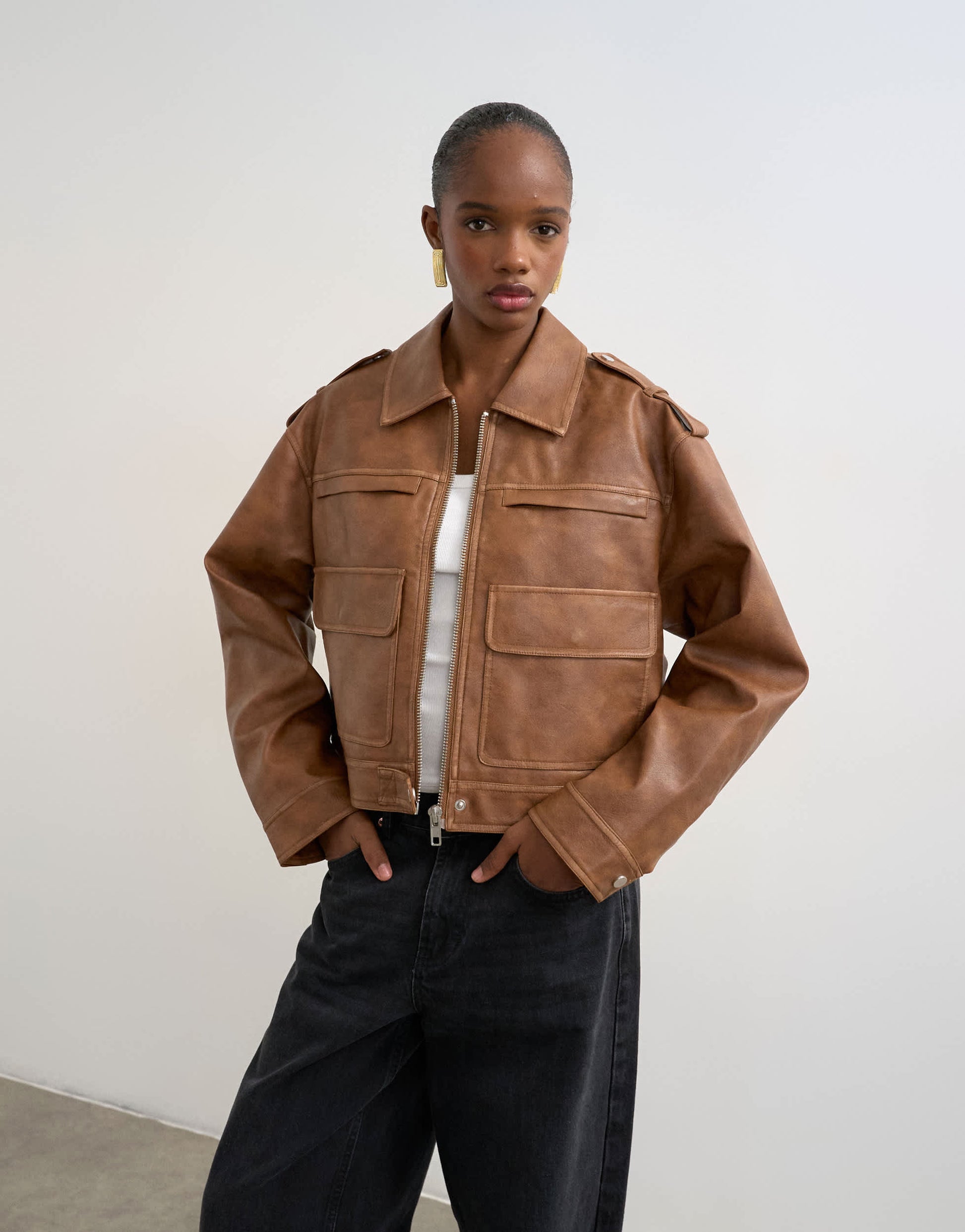 Topshop PU zip through jacket in washed brown