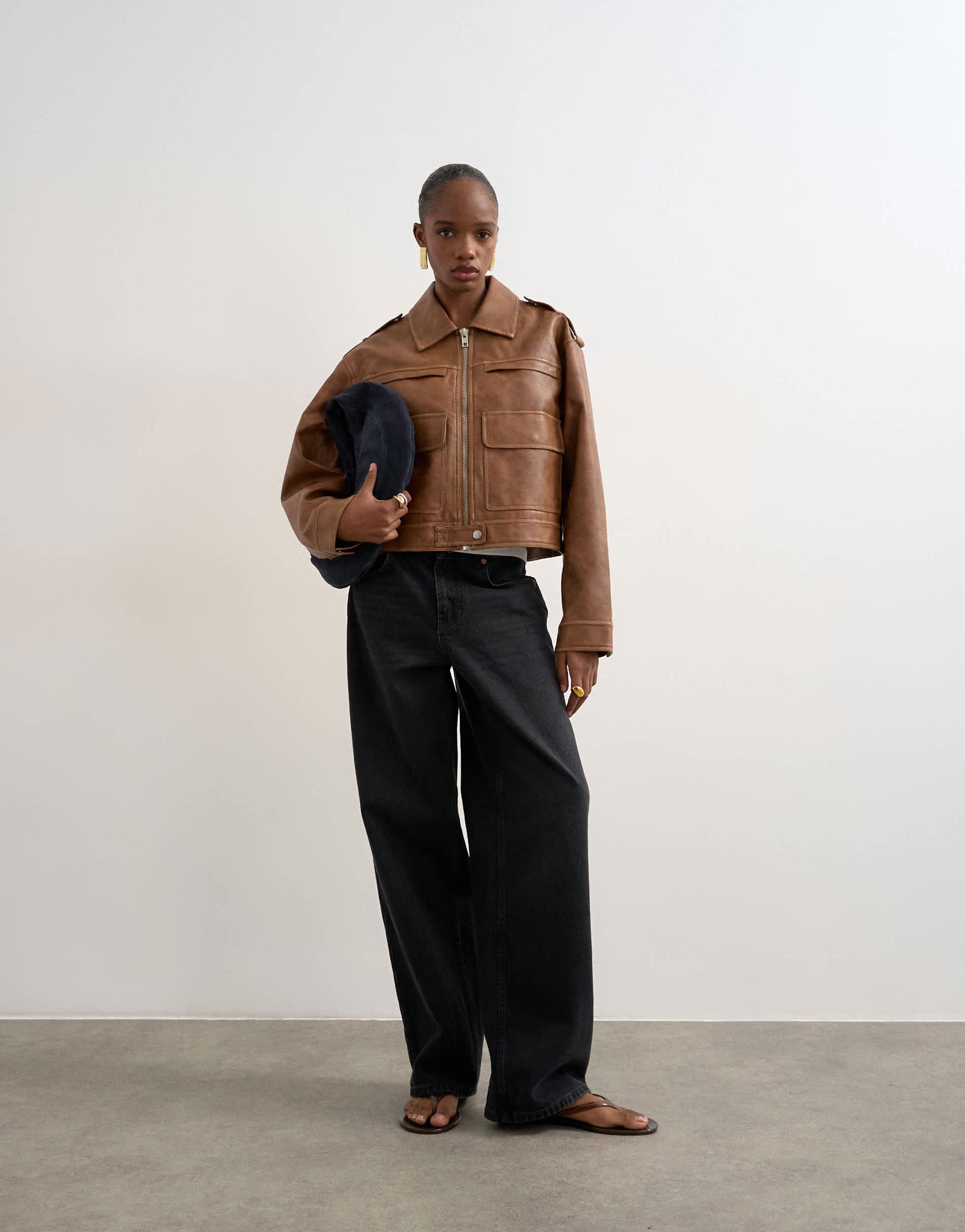 Topshop PU zip through jacket in washed brown