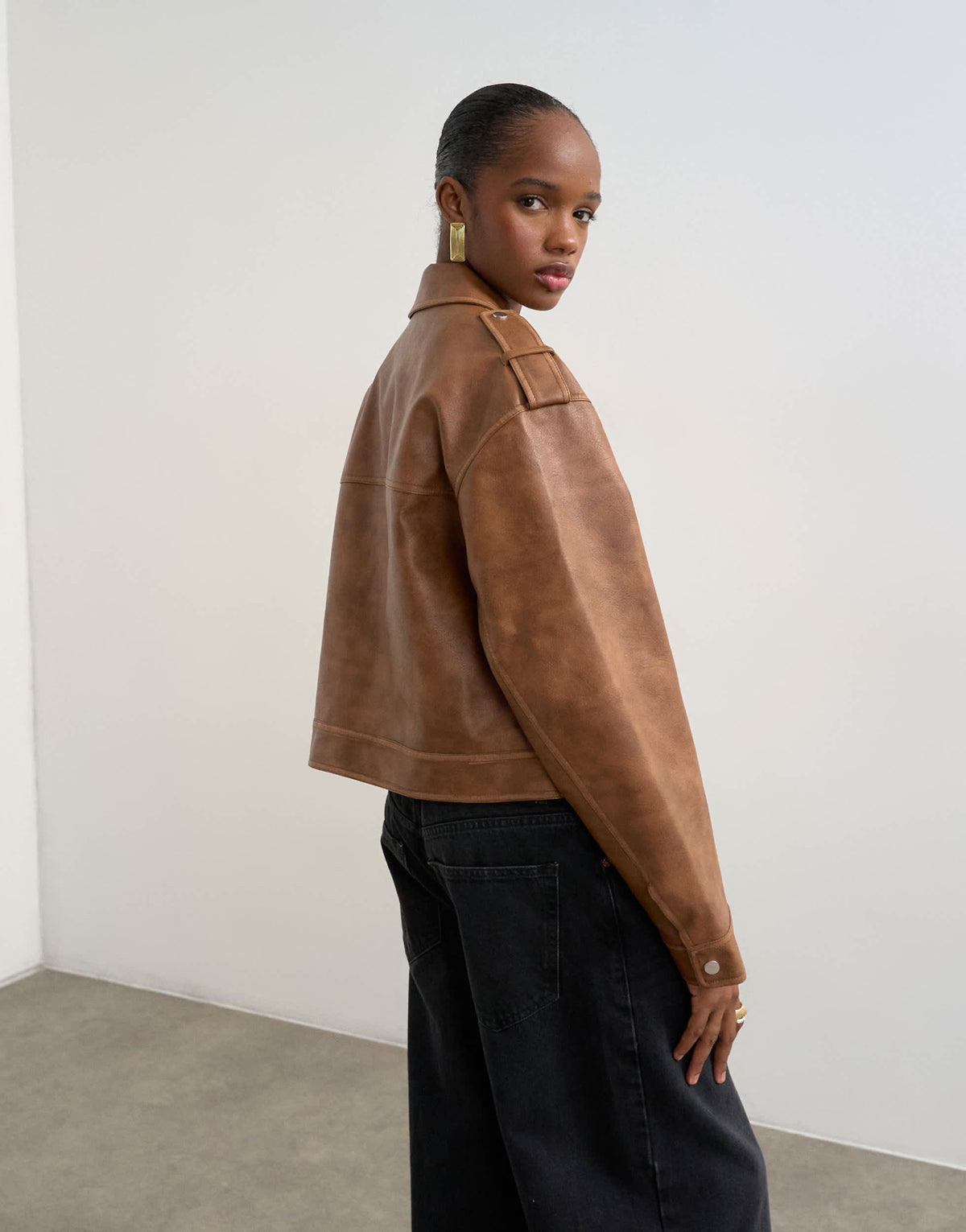 Topshop PU zip through jacket in washed brown