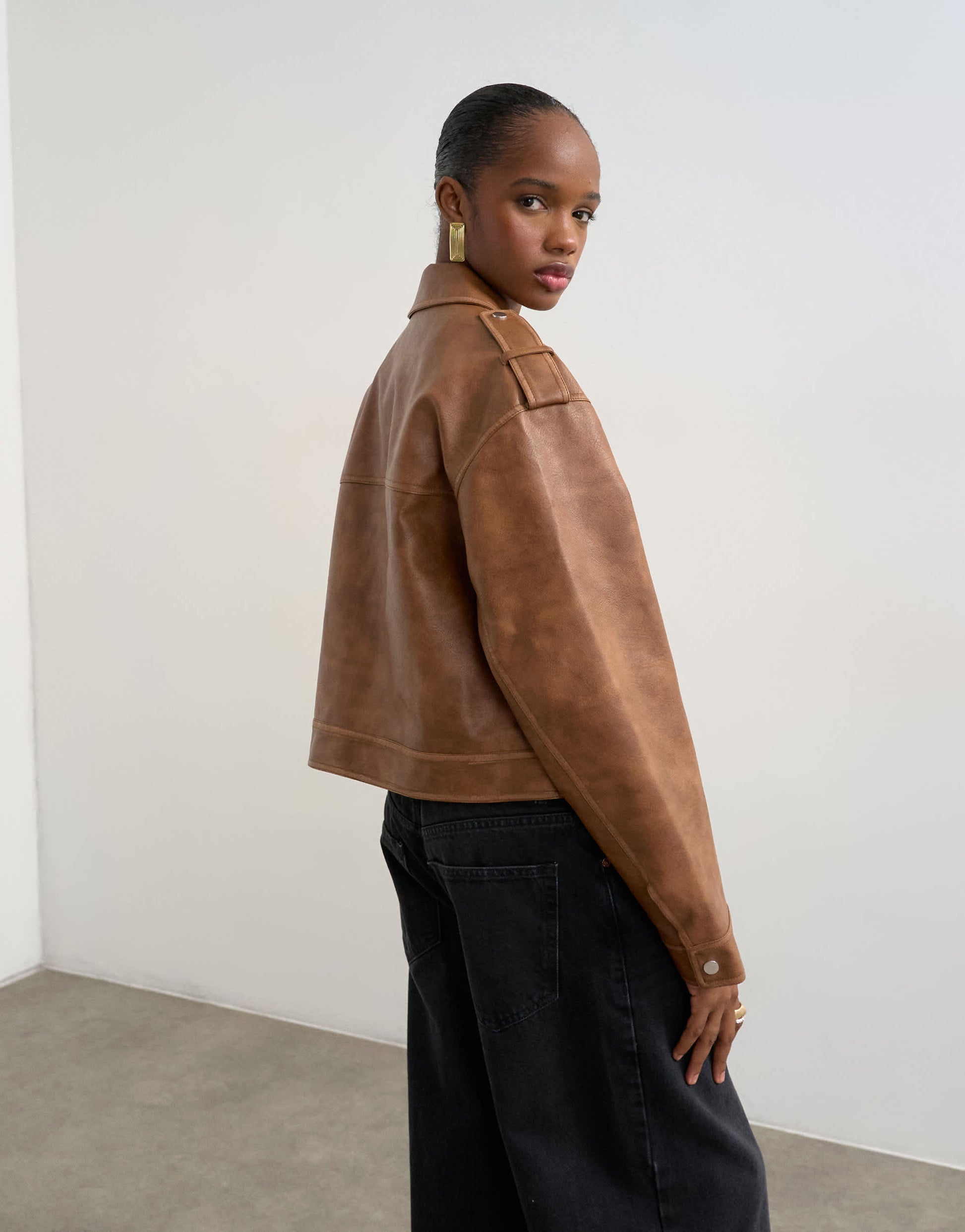 Topshop PU zip through jacket in washed brown