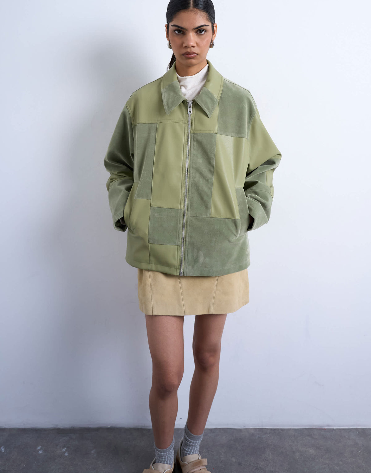 Topshop faux suede patchwork zip through jacket in green