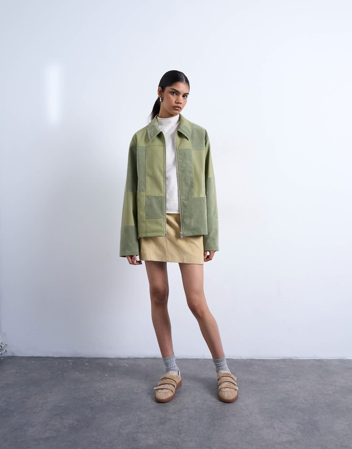 Topshop faux suede patchwork zip through jacket in green