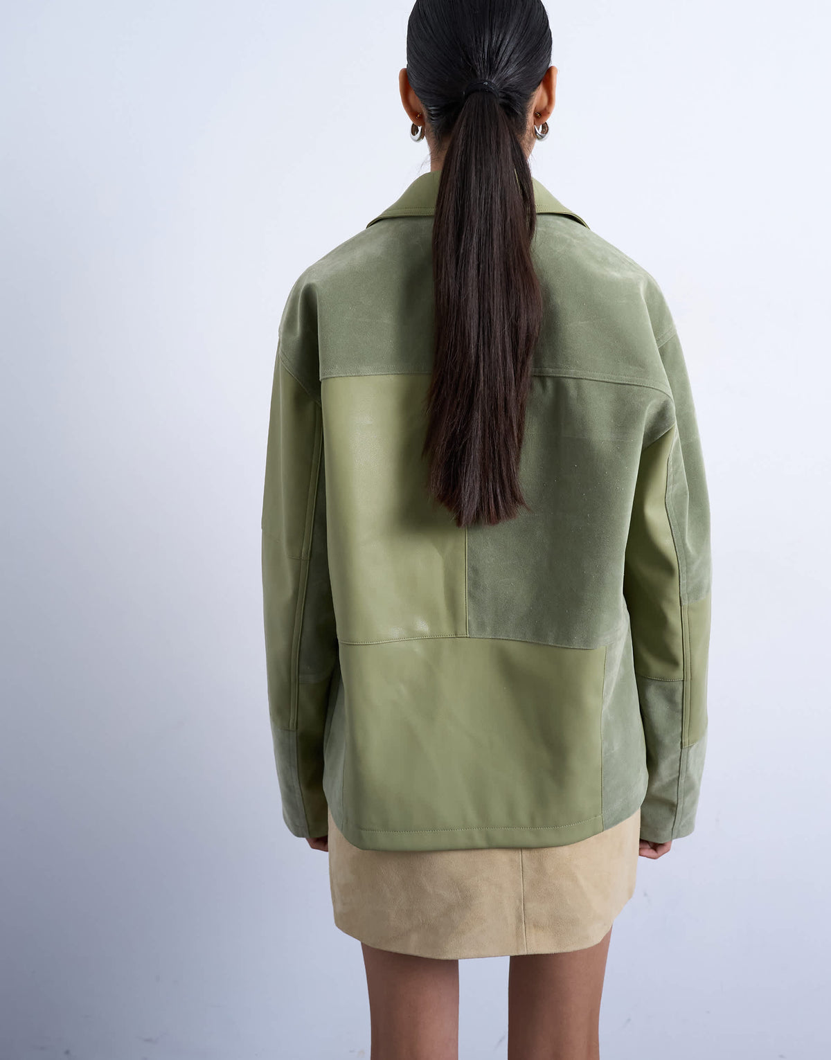 Topshop faux suede patchwork zip through jacket in green