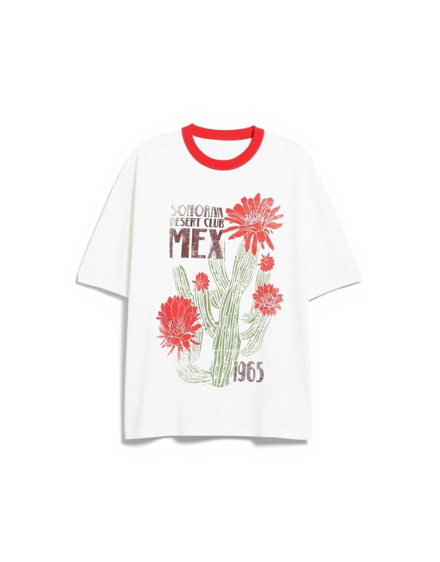 Topshop graphic cactus contrast ringer oversized tee in ecru