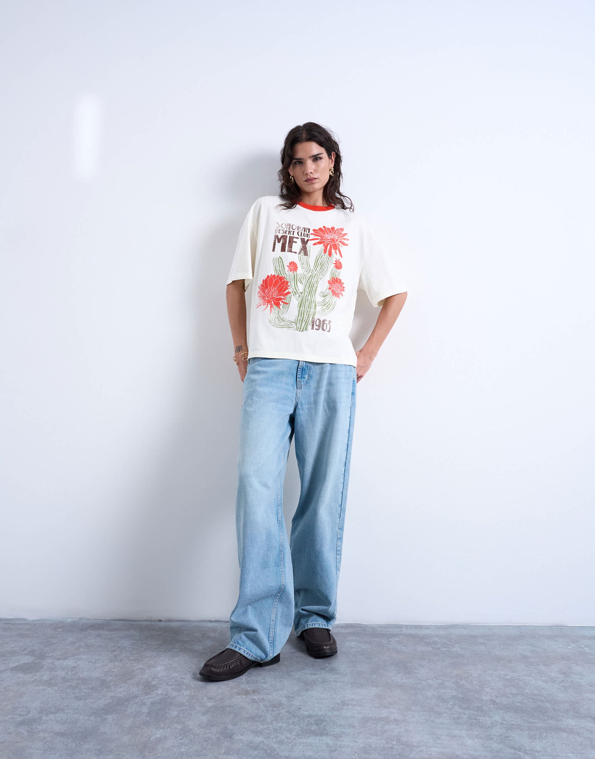Topshop graphic cactus contrast ringer oversized tee in ecru