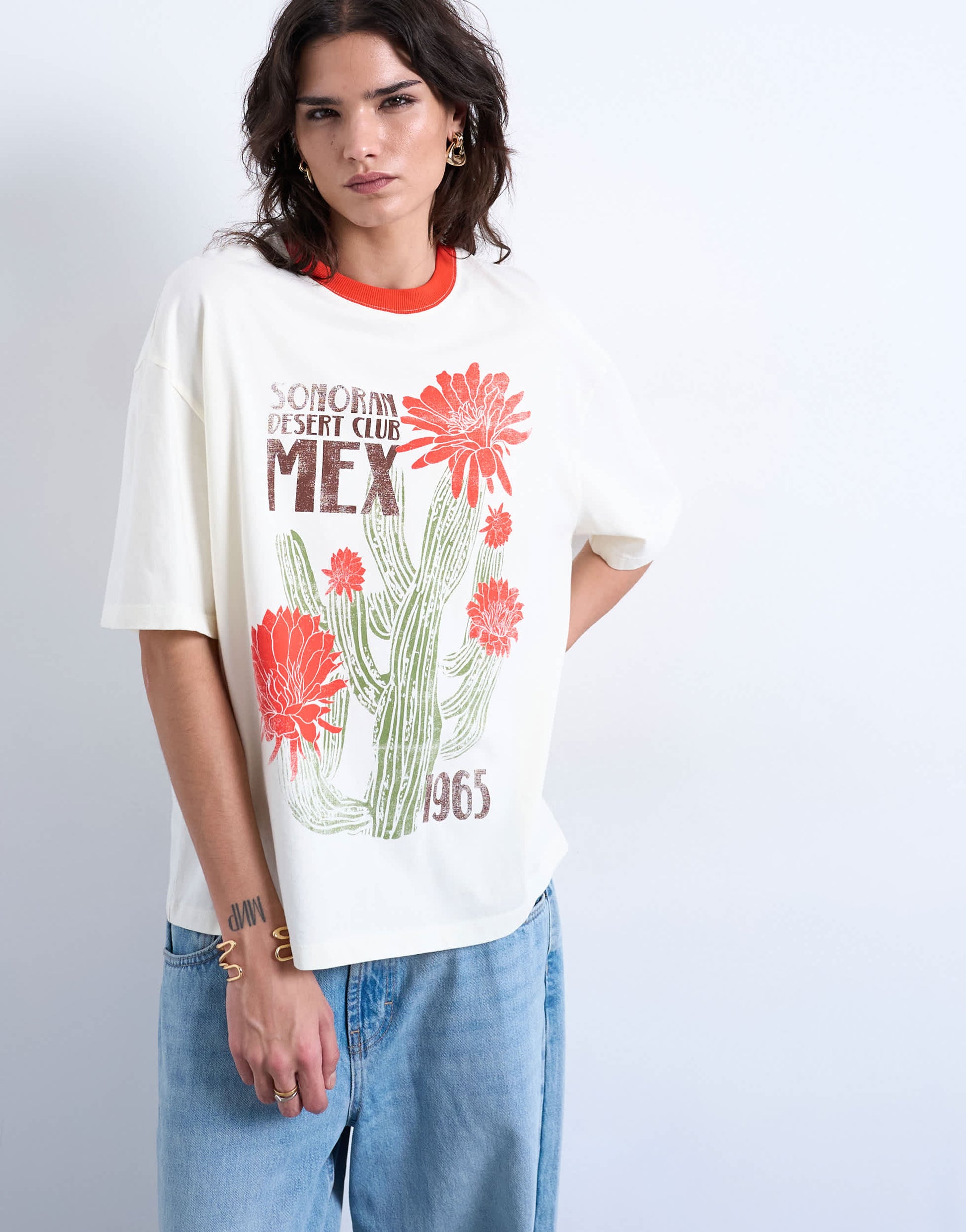 Topshop graphic cactus contrast ringer oversized tee in ecru