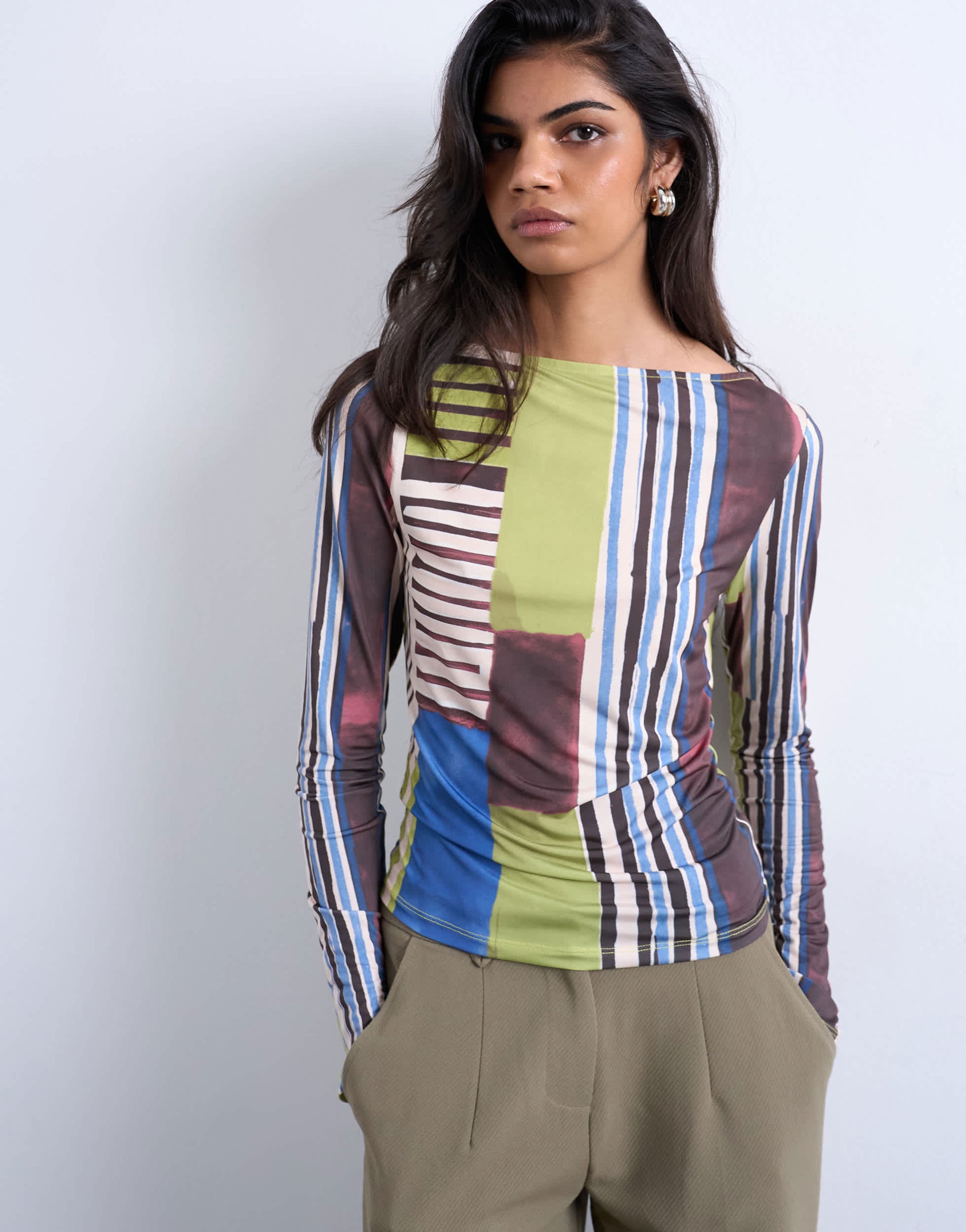 Topshop abstract stripe print microfibre long sleeve top in multi
