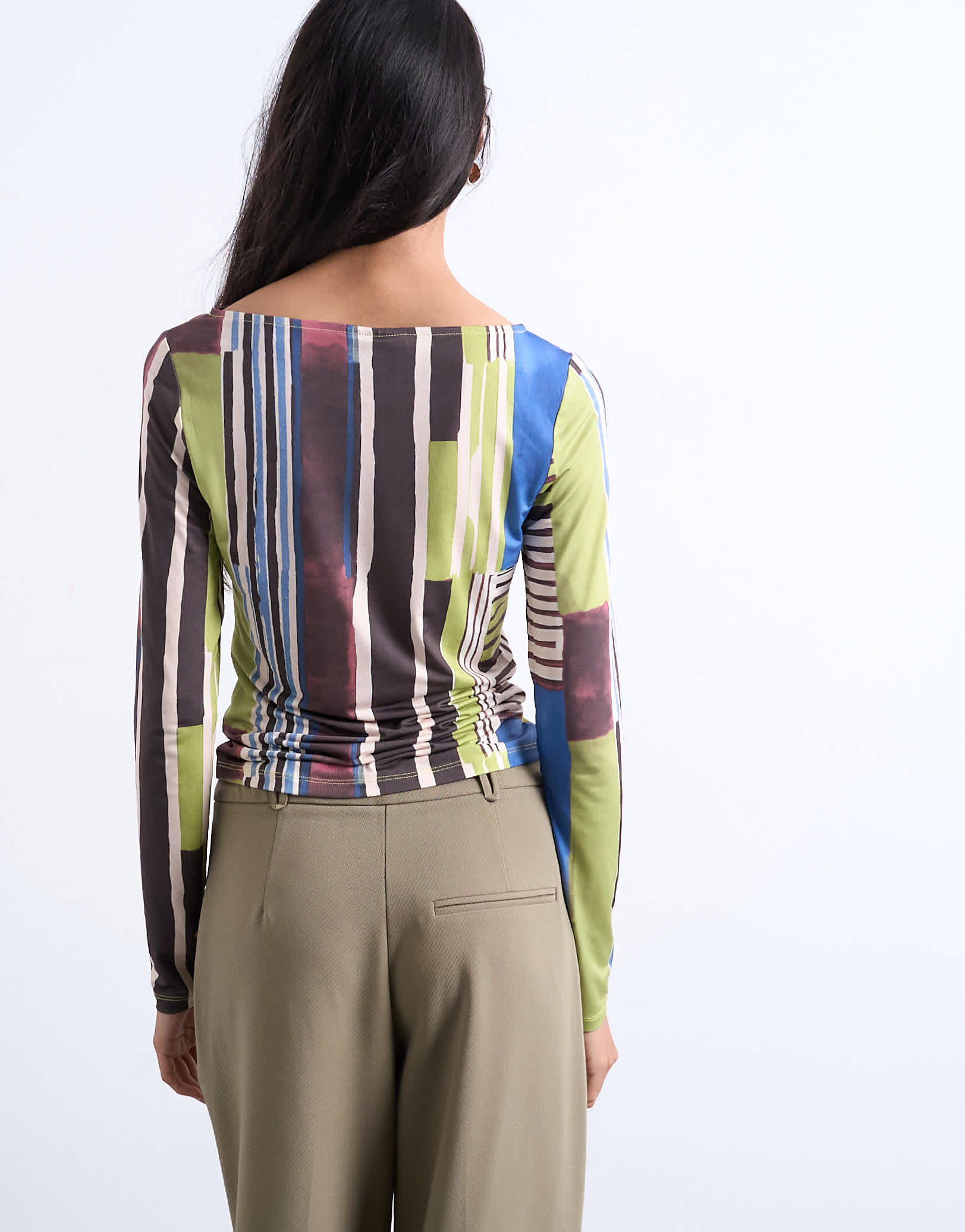 Topshop abstract stripe print microfibre long sleeve top in multi