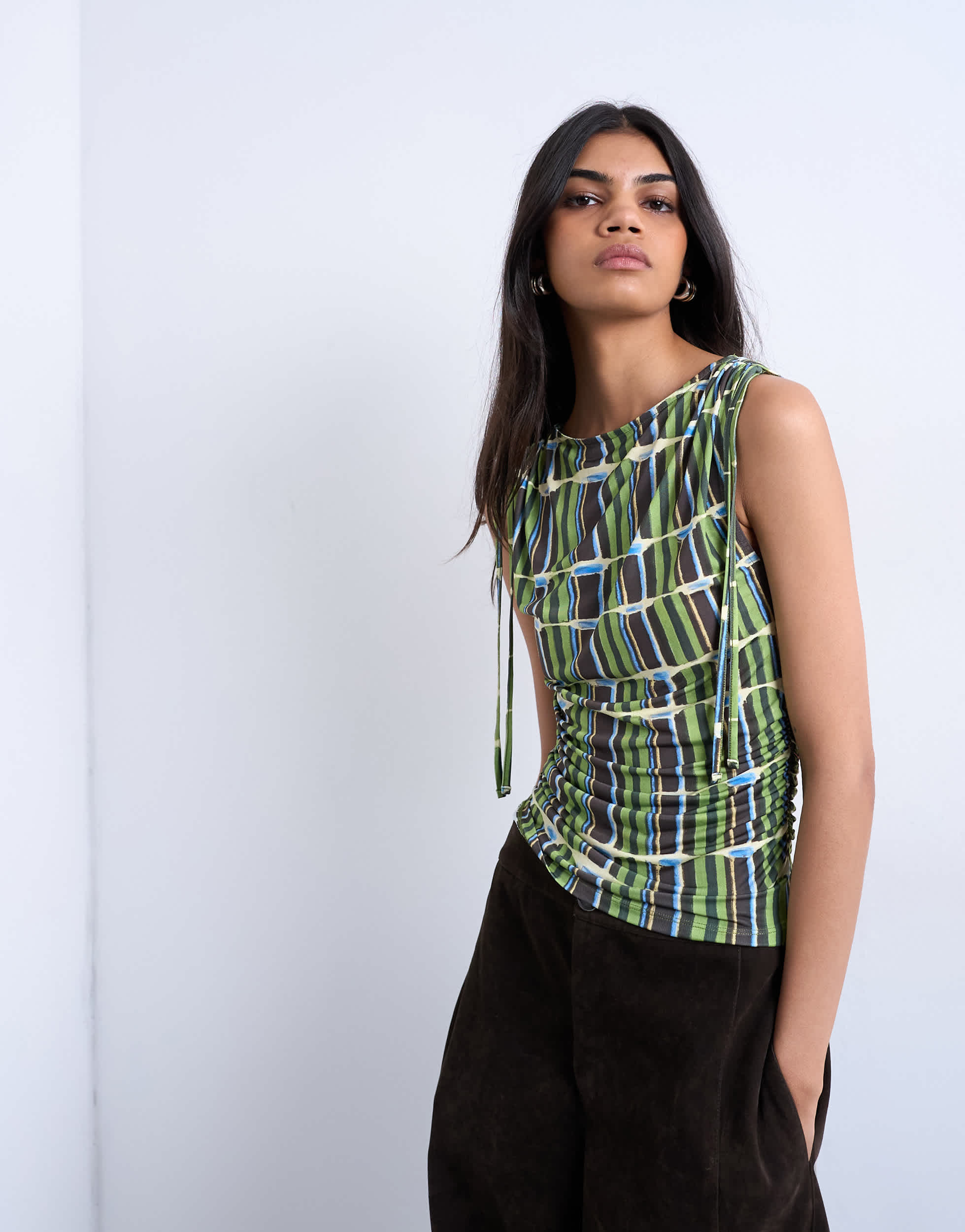 Topshop check print microfibre ruched shoulder tank in green