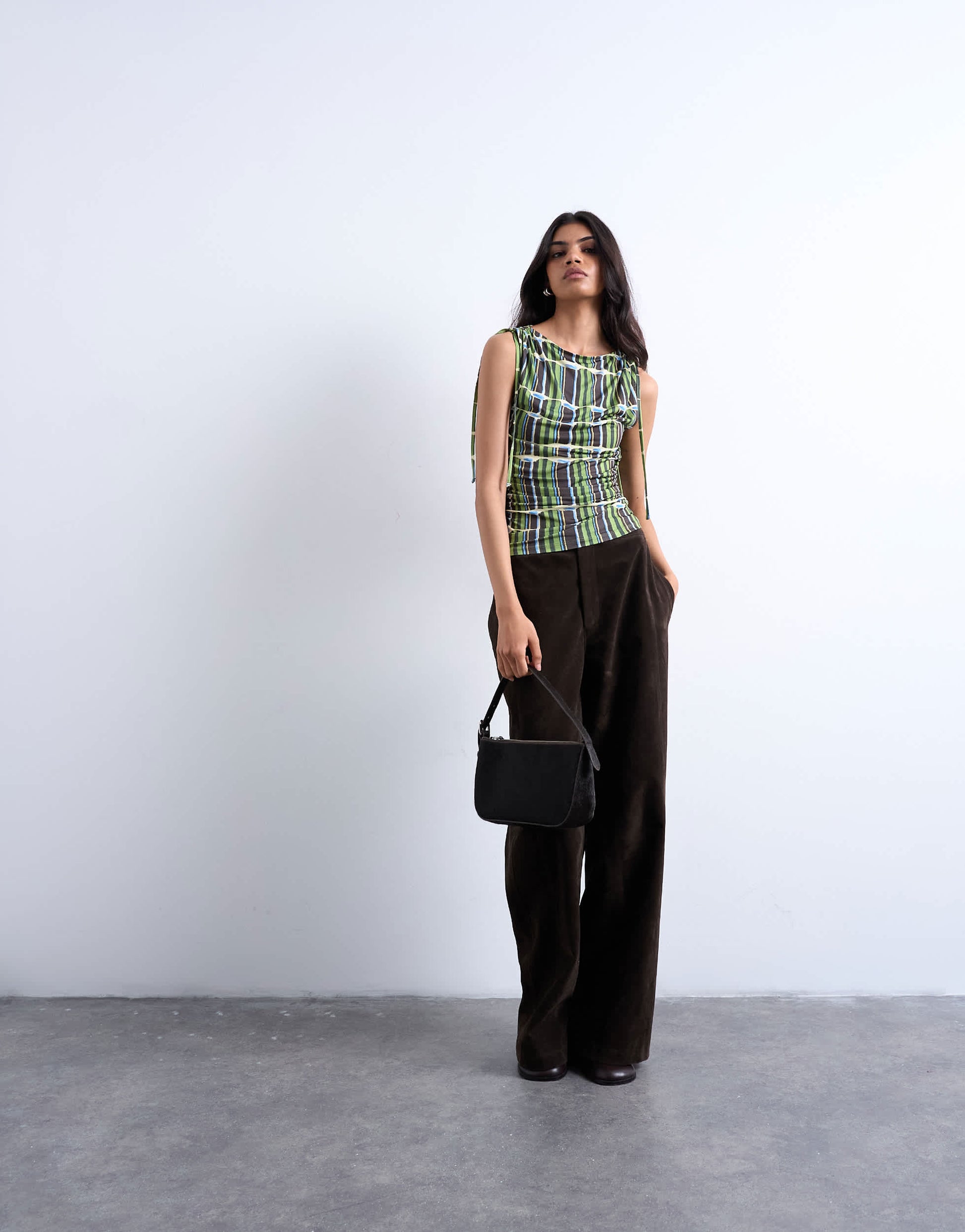 Topshop check print microfibre ruched shoulder tank in green