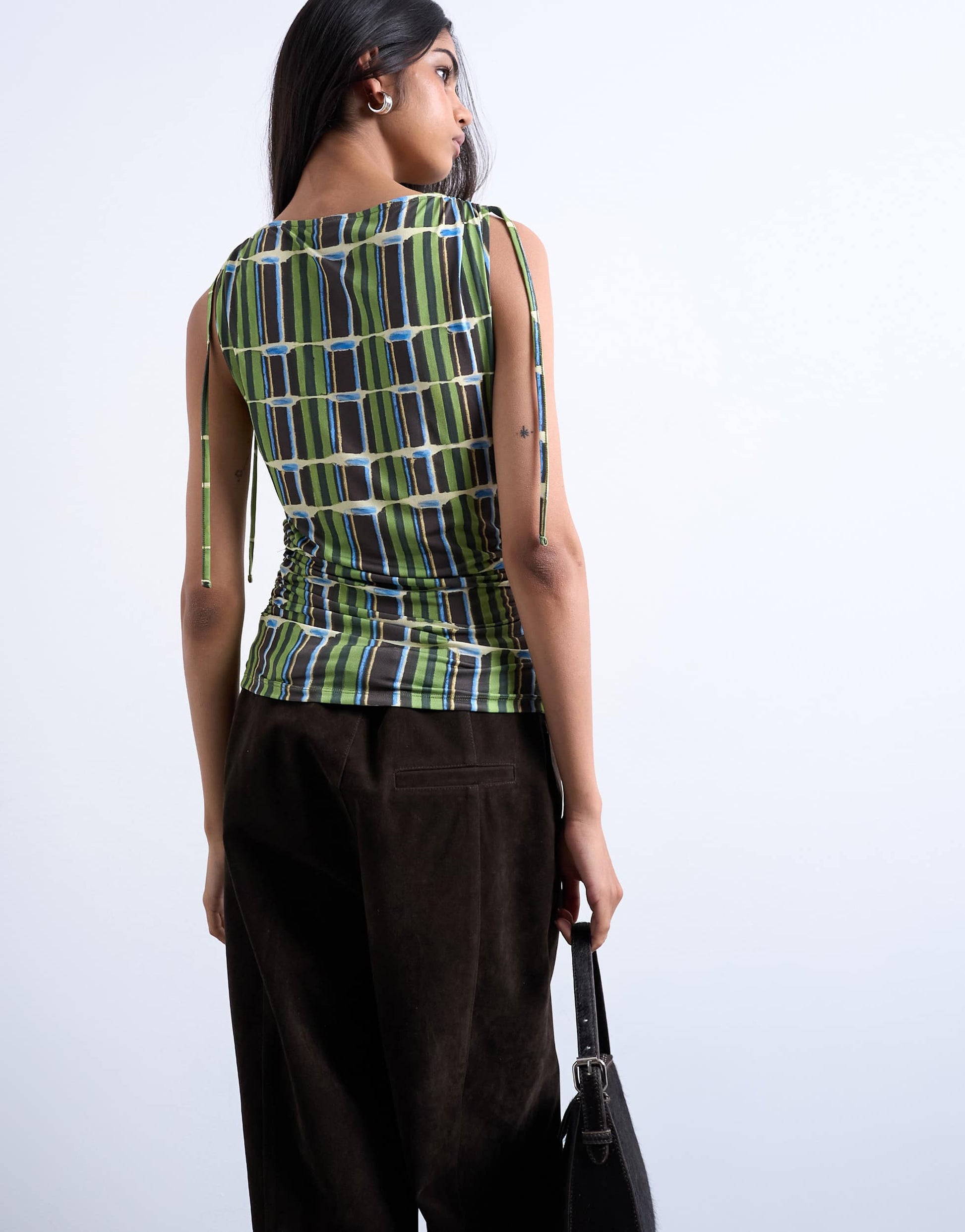 Topshop check print microfibre ruched shoulder tank in green