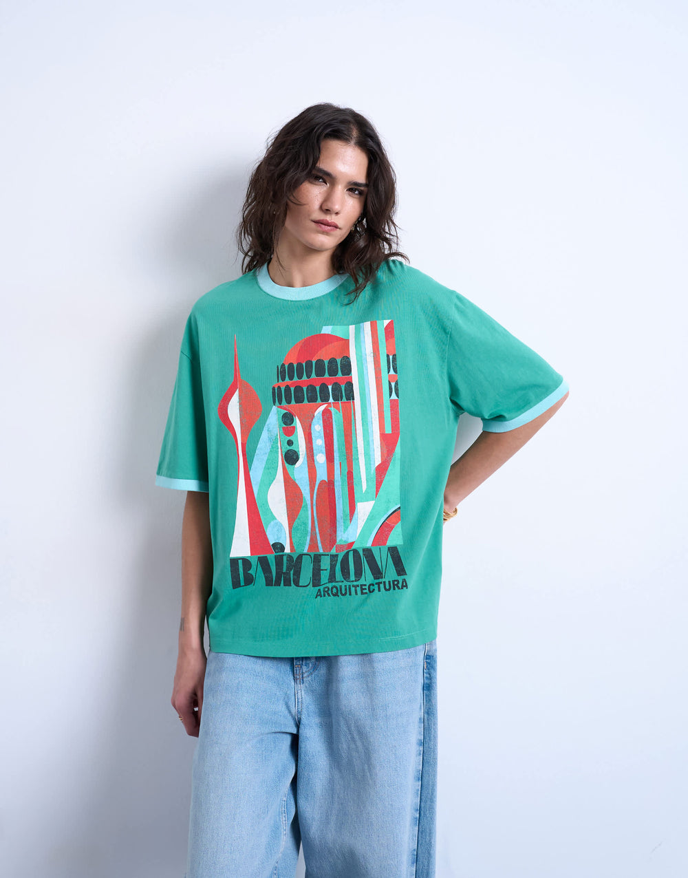 Topshop graphic 'Barcelona' contrast ringer oversized tee in green