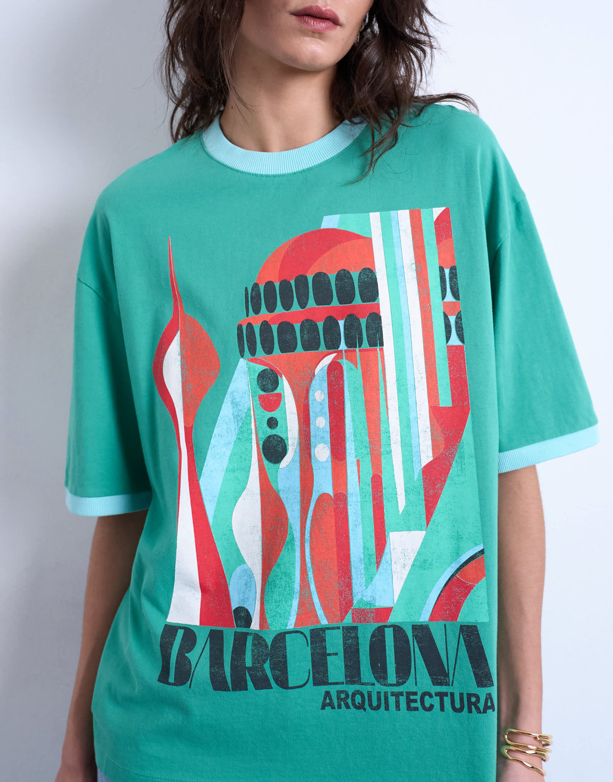 Topshop graphic 'Barcelona' contrast ringer oversized tee in green
