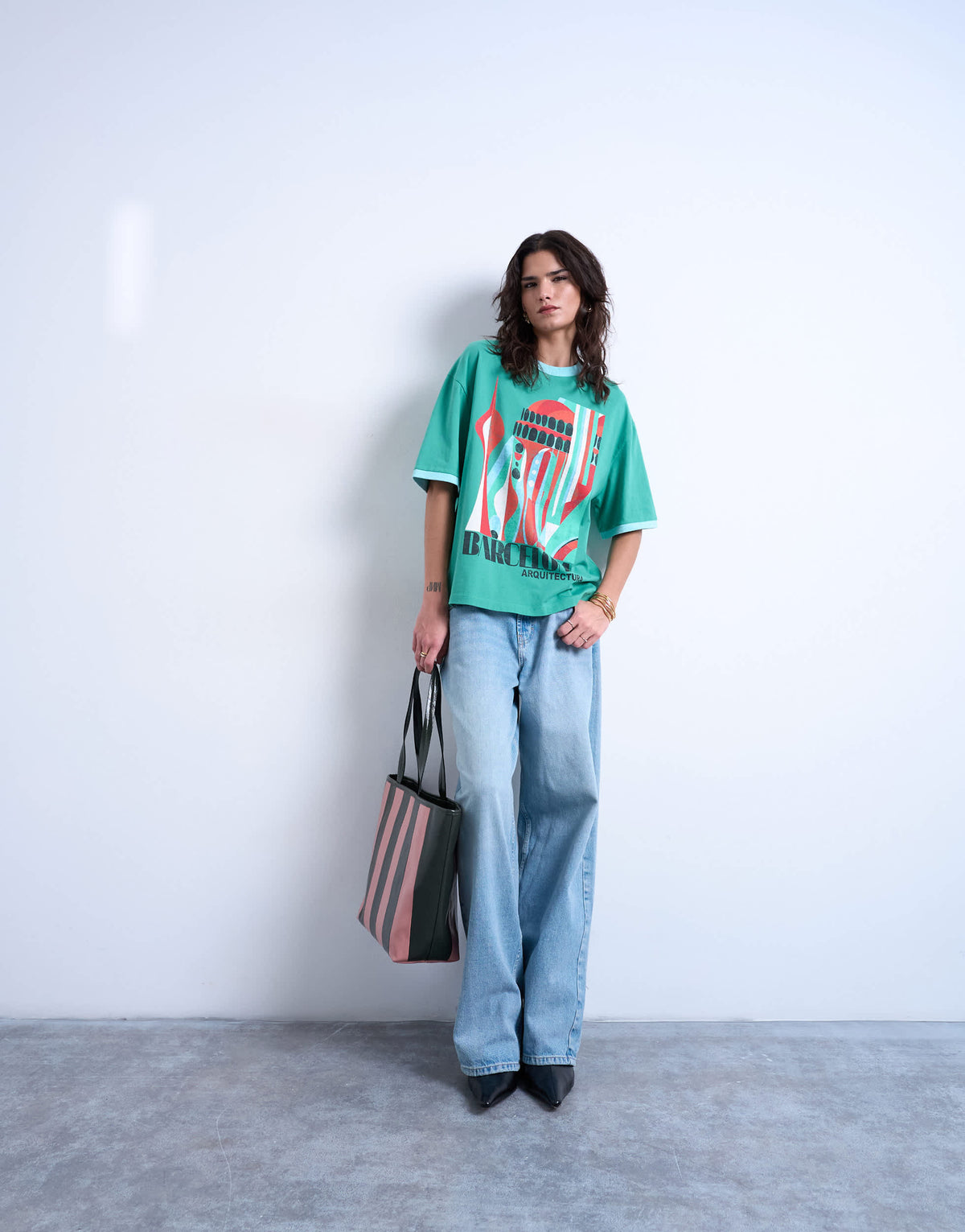 Topshop graphic 'Barcelona' contrast ringer oversized tee in green