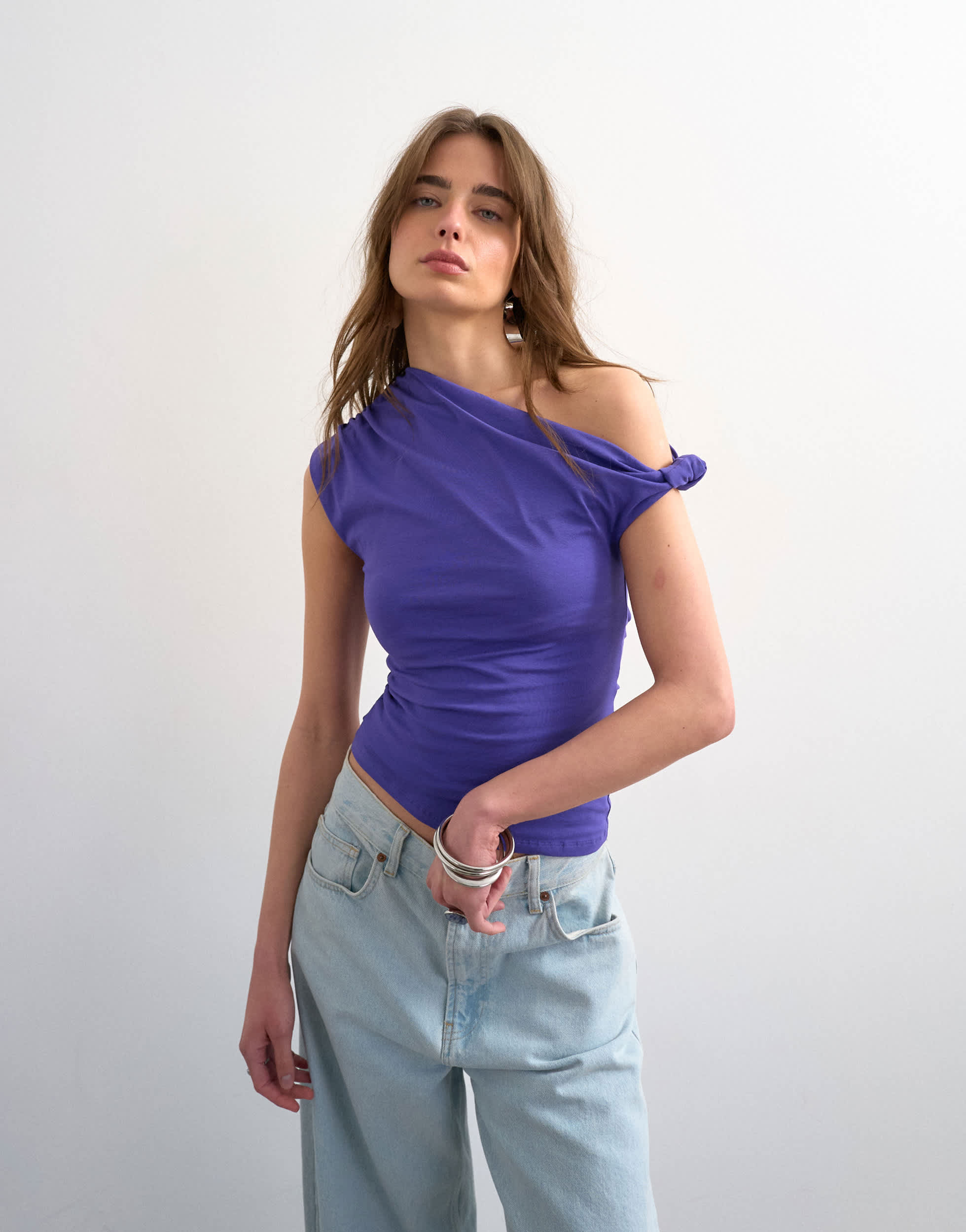 Topshop asymmetric ruched shoulder top in purple
