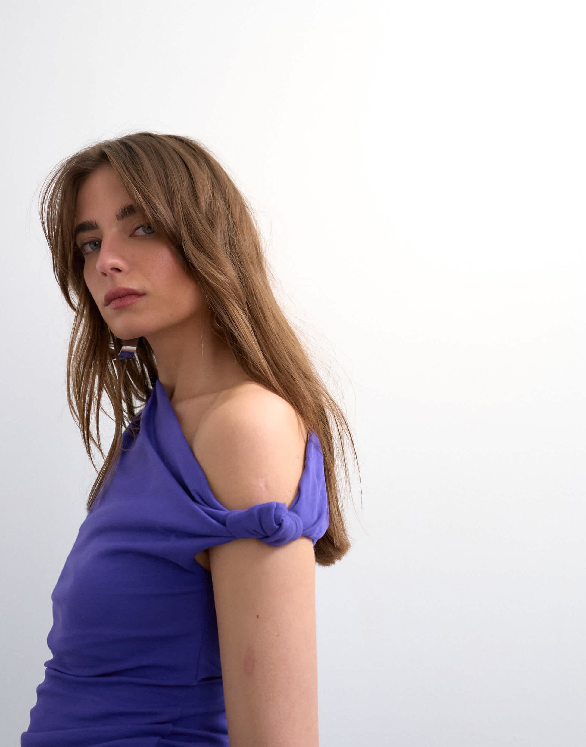 Topshop asymmetric ruched shoulder top in purple