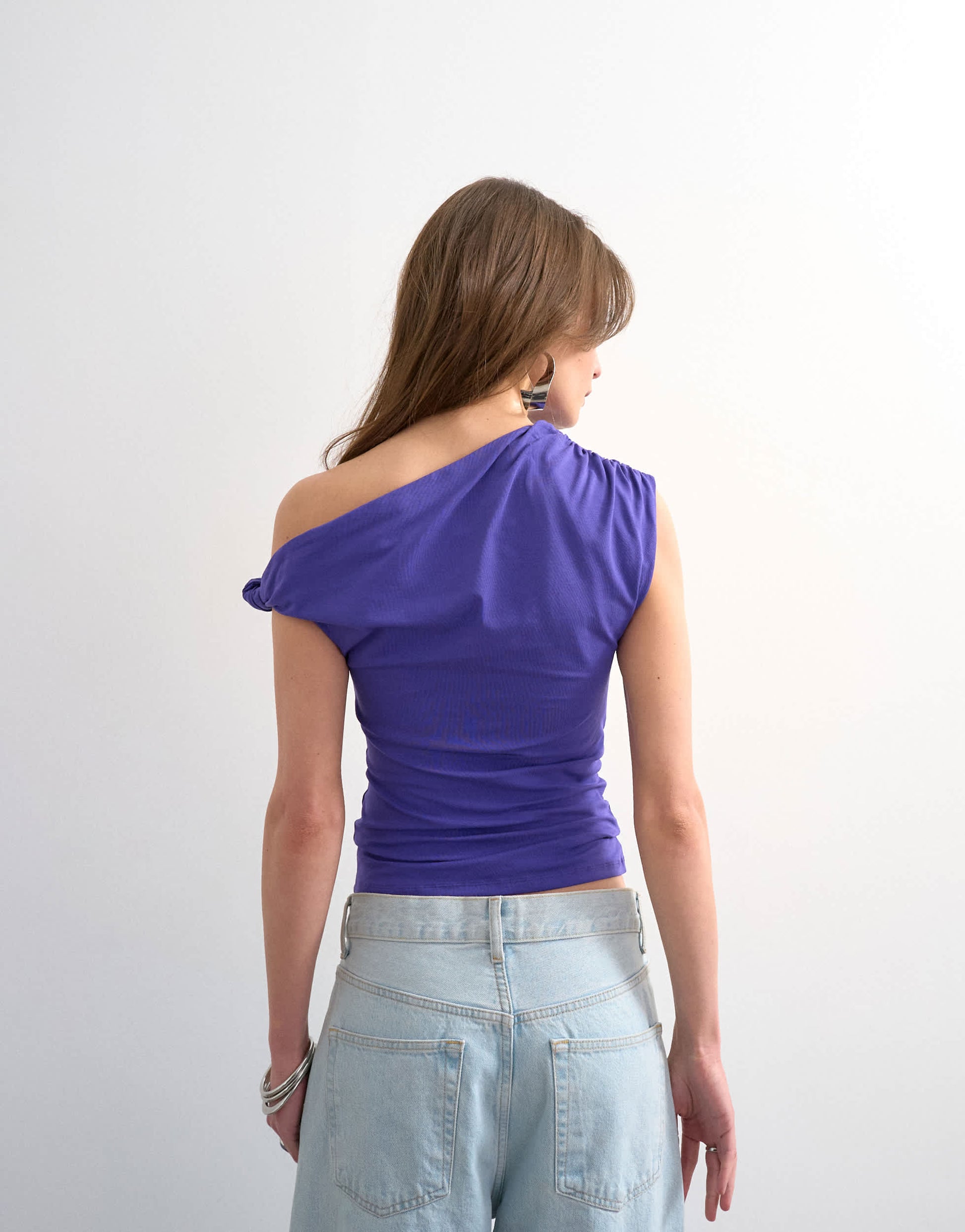 Topshop asymmetric ruched shoulder top in purple