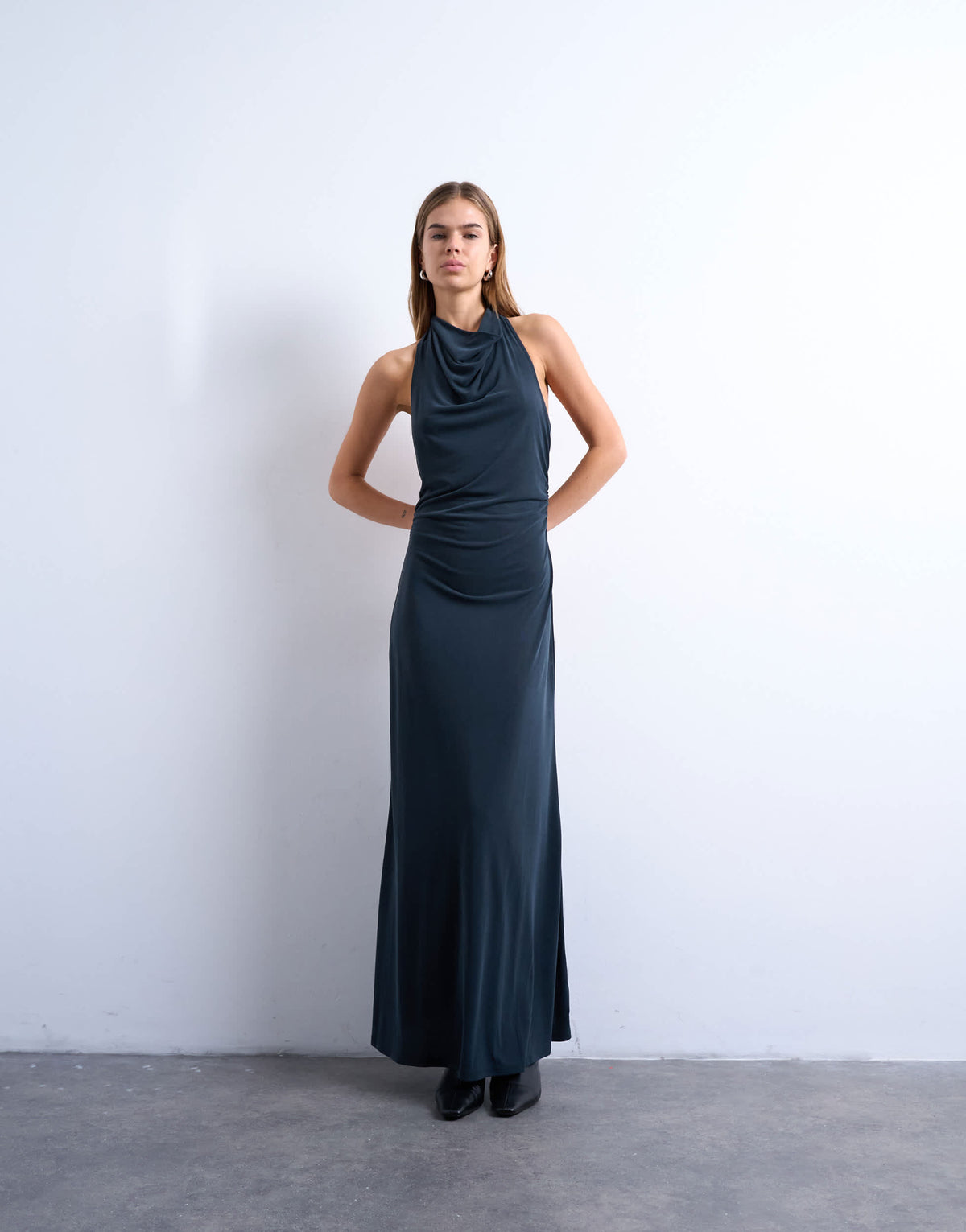 Topshop cupro open cowl back maxi dress in charcoal grey