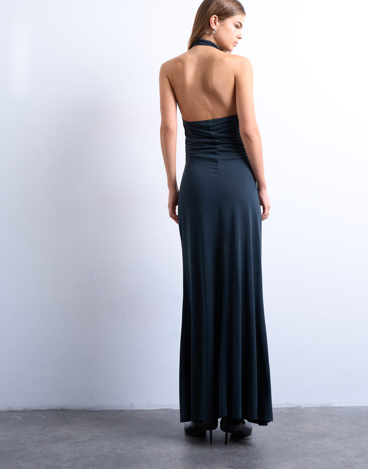 Topshop cupro open cowl back maxi dress in charcoal grey