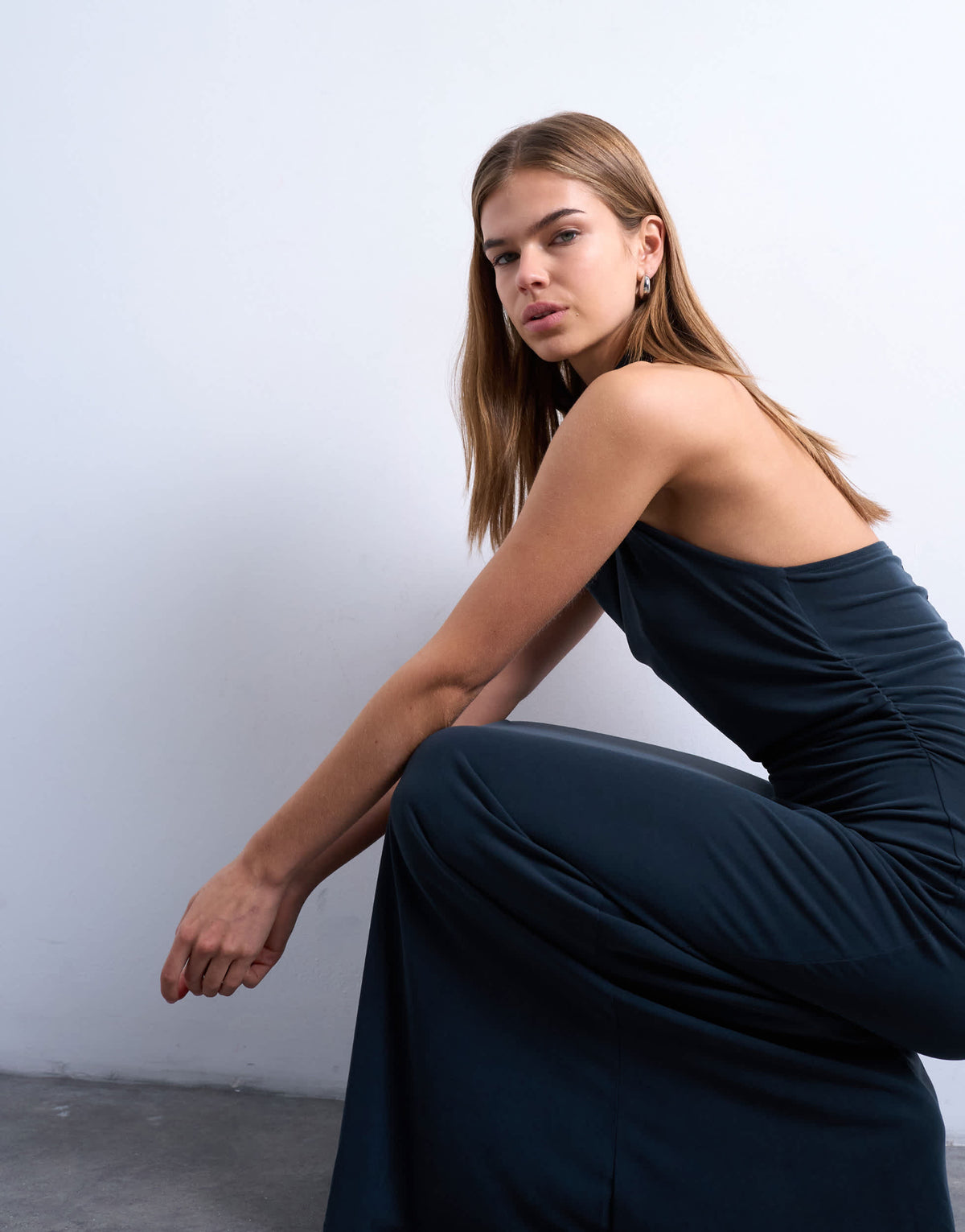 Topshop cupro open cowl back maxi dress in charcoal grey