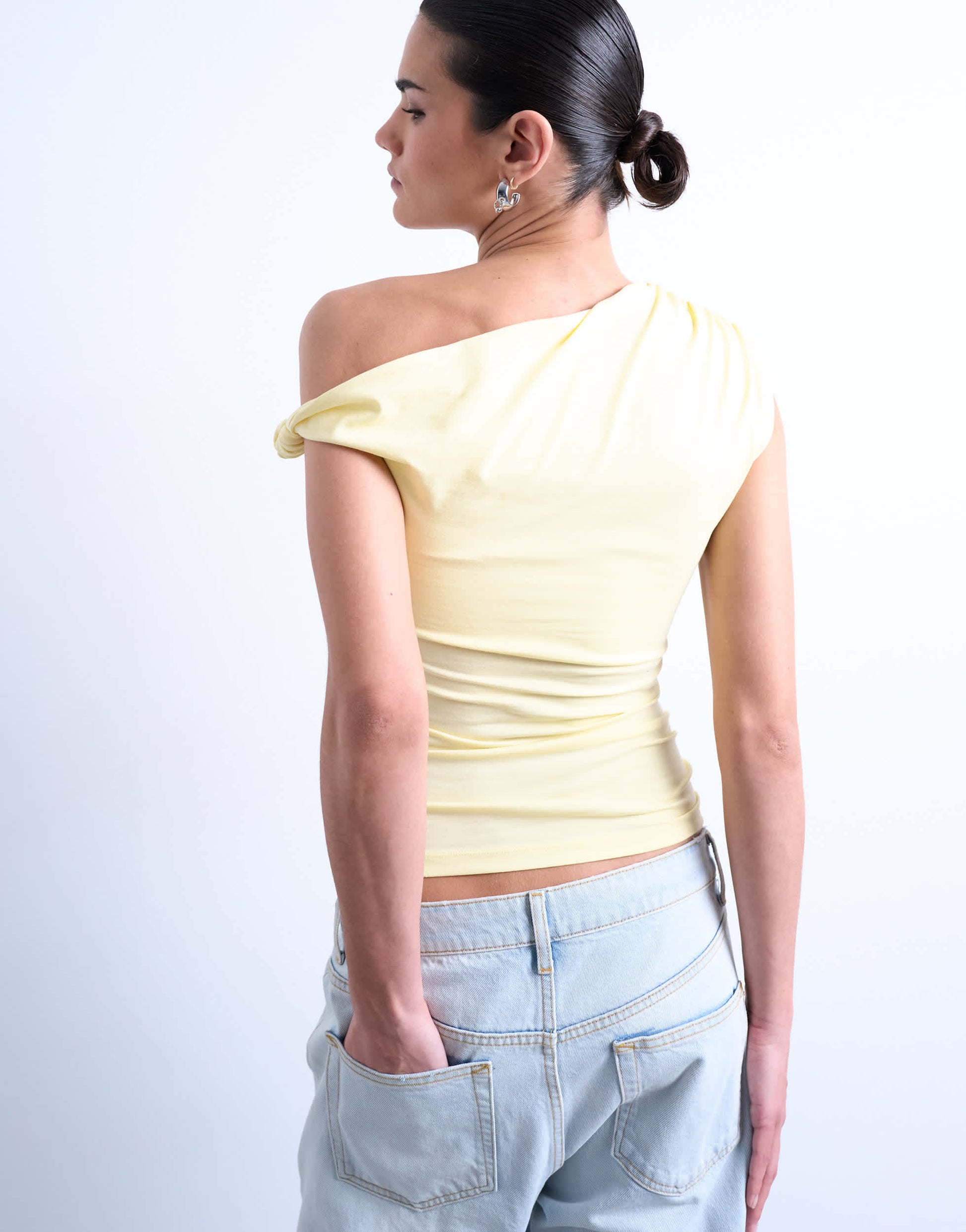 Topshop asymmetric ruched shoulder top in buttermilk