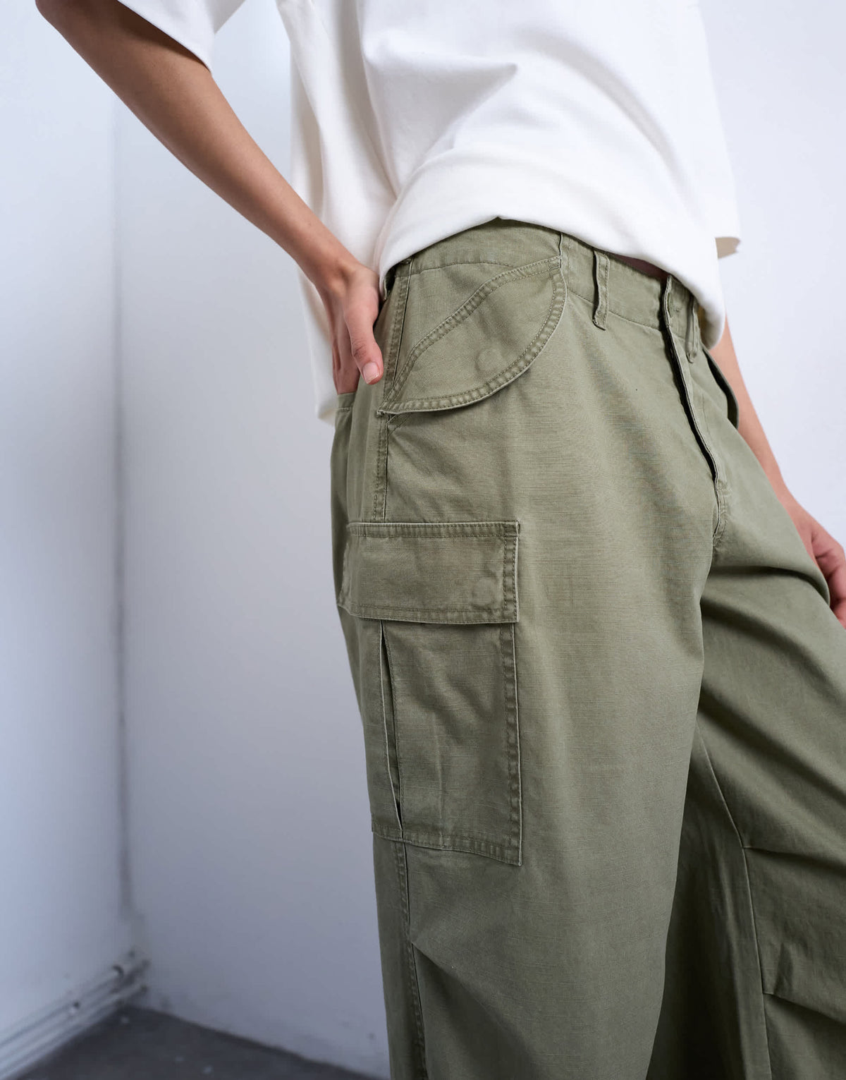 Topshop ripstop cargo trouser with drawcord hem in khaki