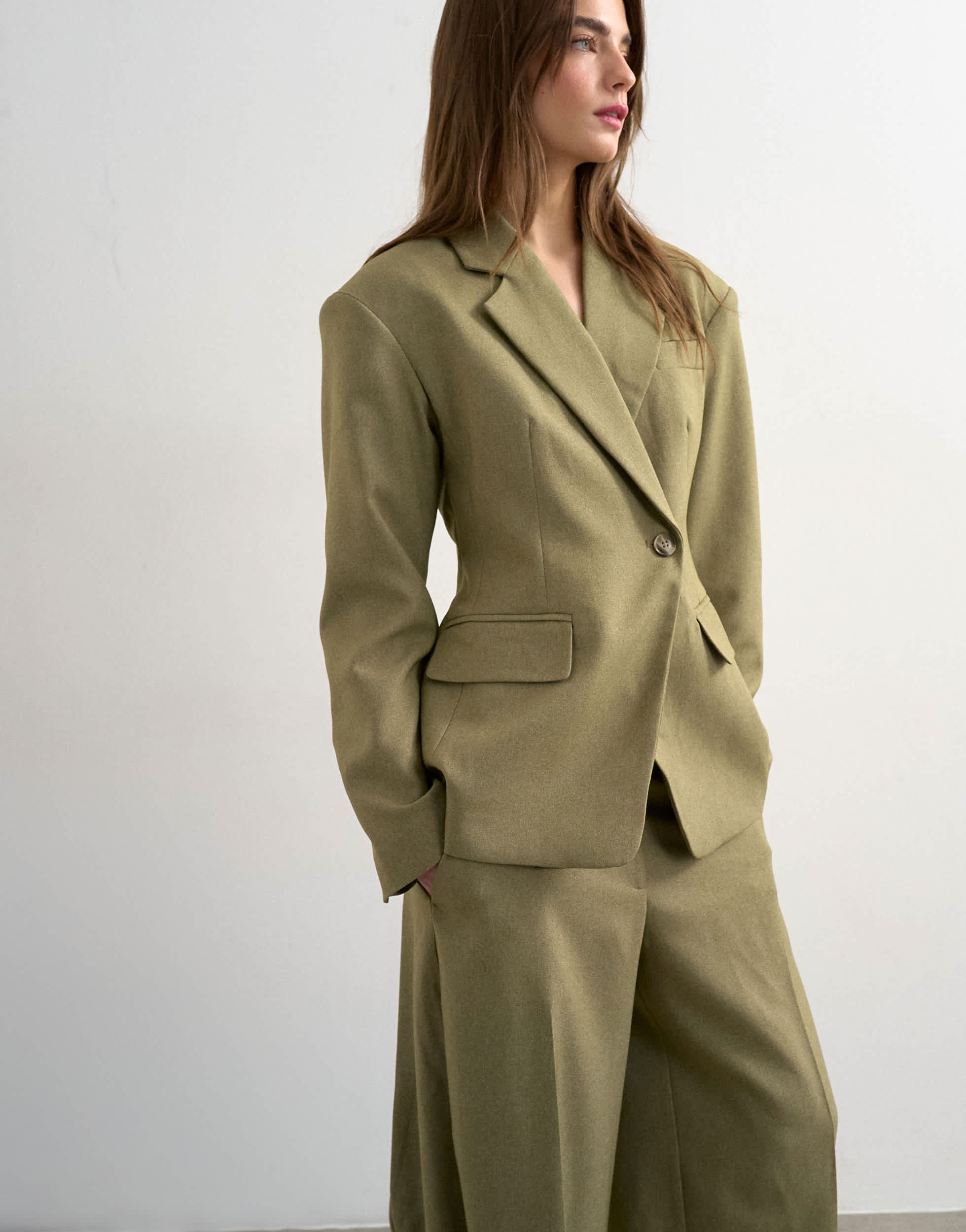 Topshop co ord cinched padded shoulder blazer in taupe
