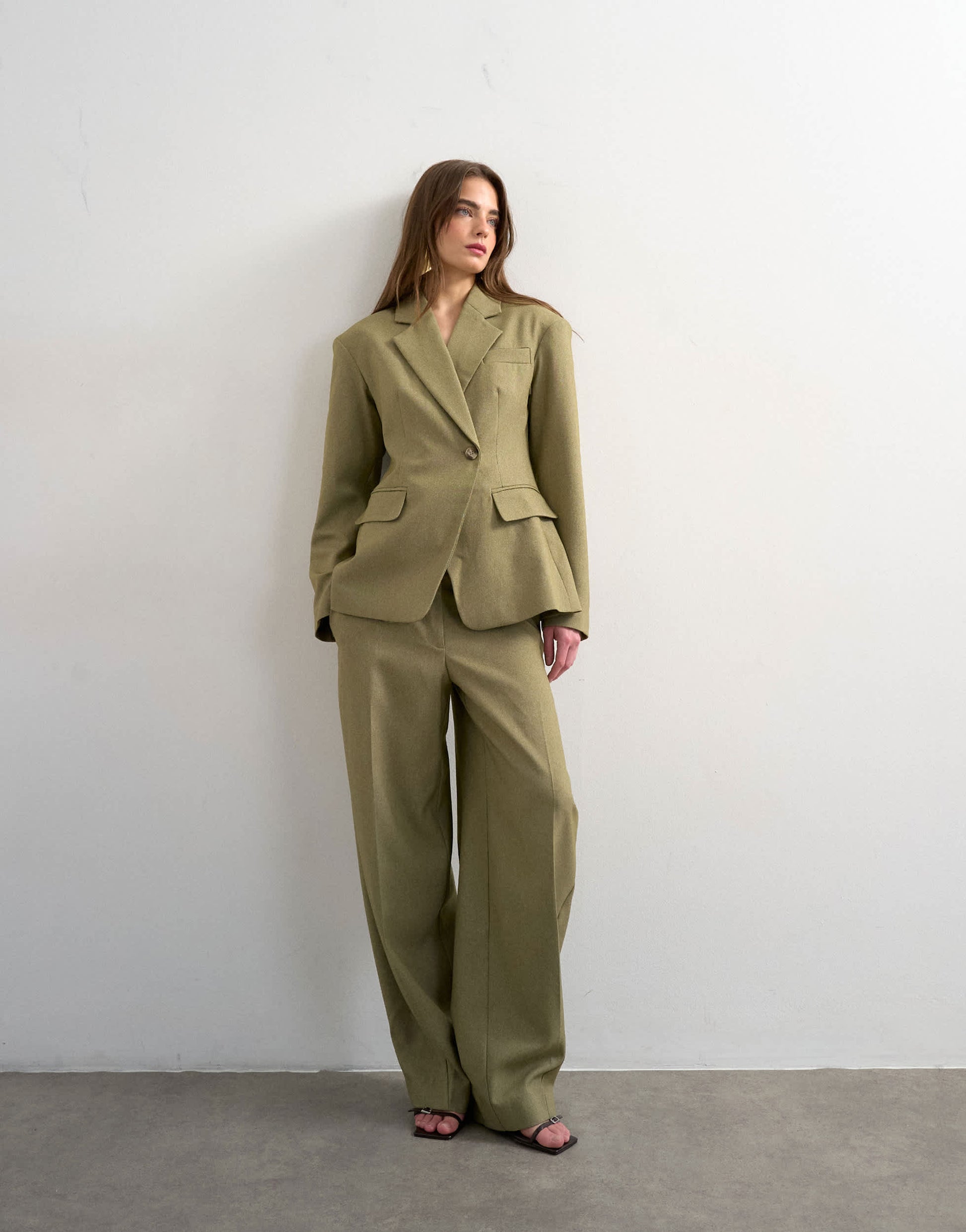 Topshop co ord cinched padded shoulder blazer in taupe