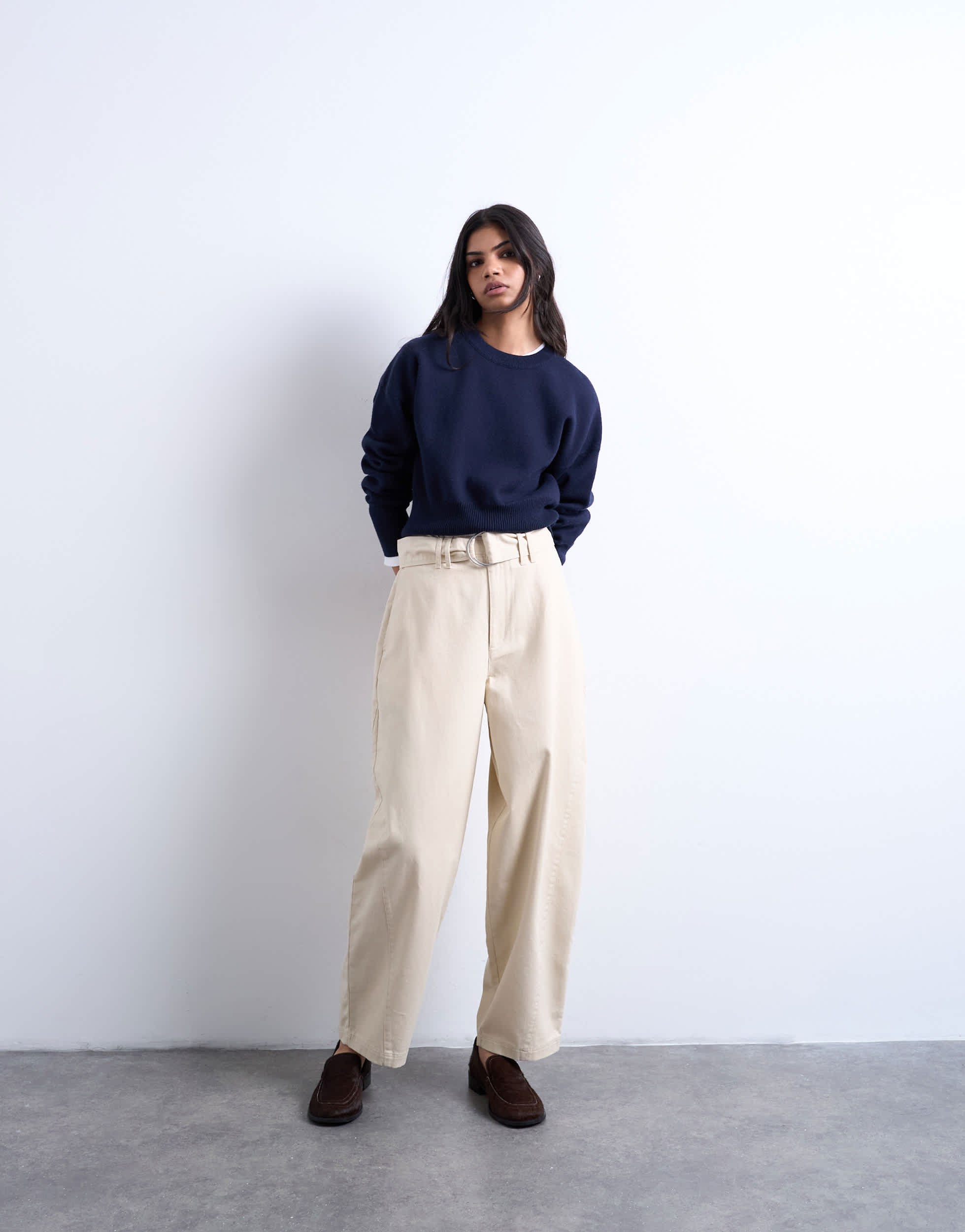 Topshop high waisted belted trouser in neutral