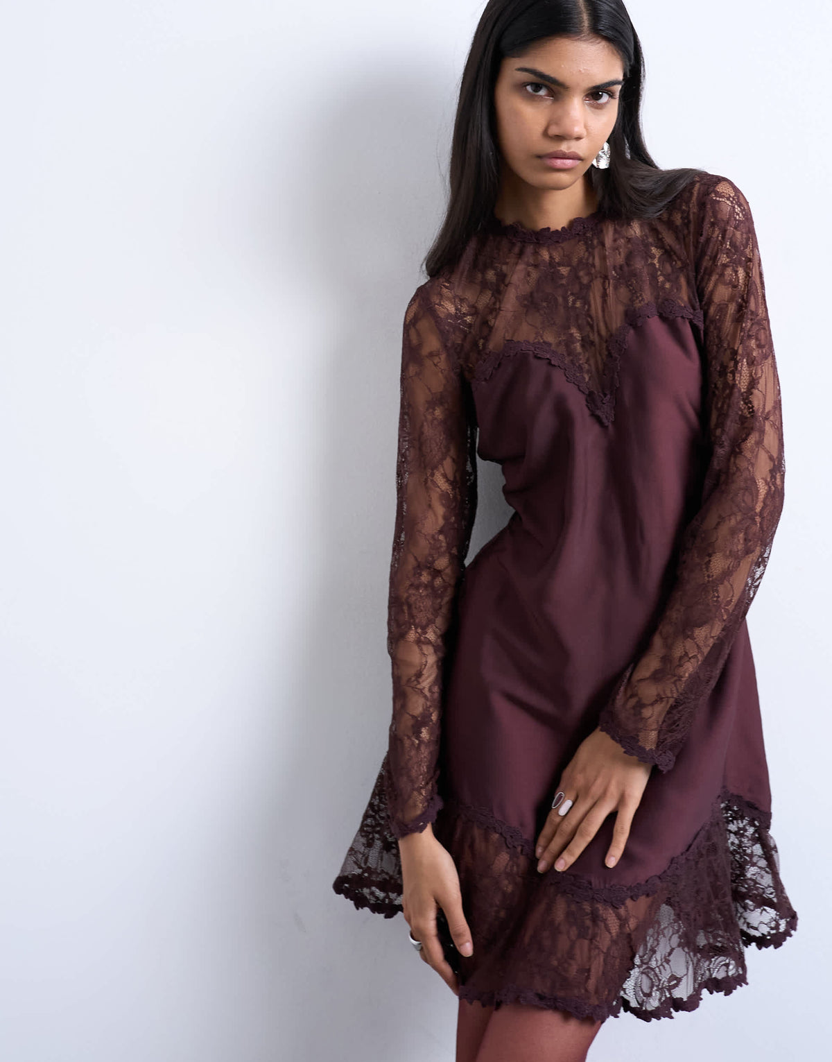 Topshop lace sleeve flippy hem mini dress in port royale