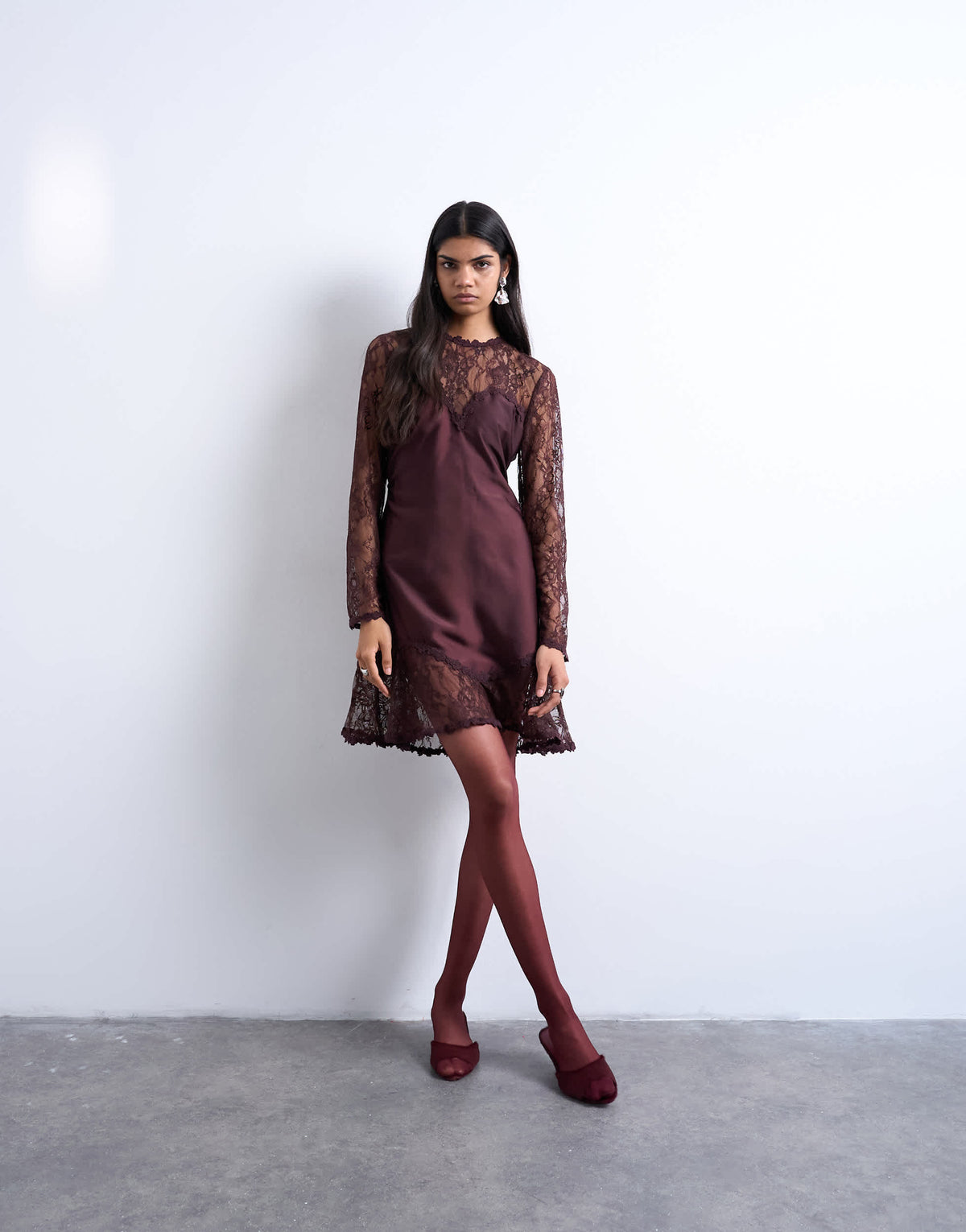 Topshop lace sleeve flippy hem mini dress in port royale