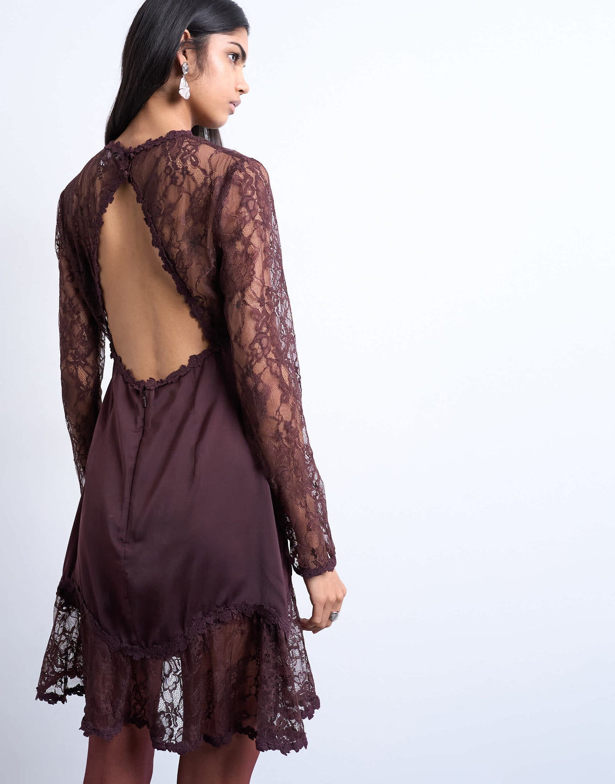Topshop lace sleeve flippy hem mini dress in port royale
