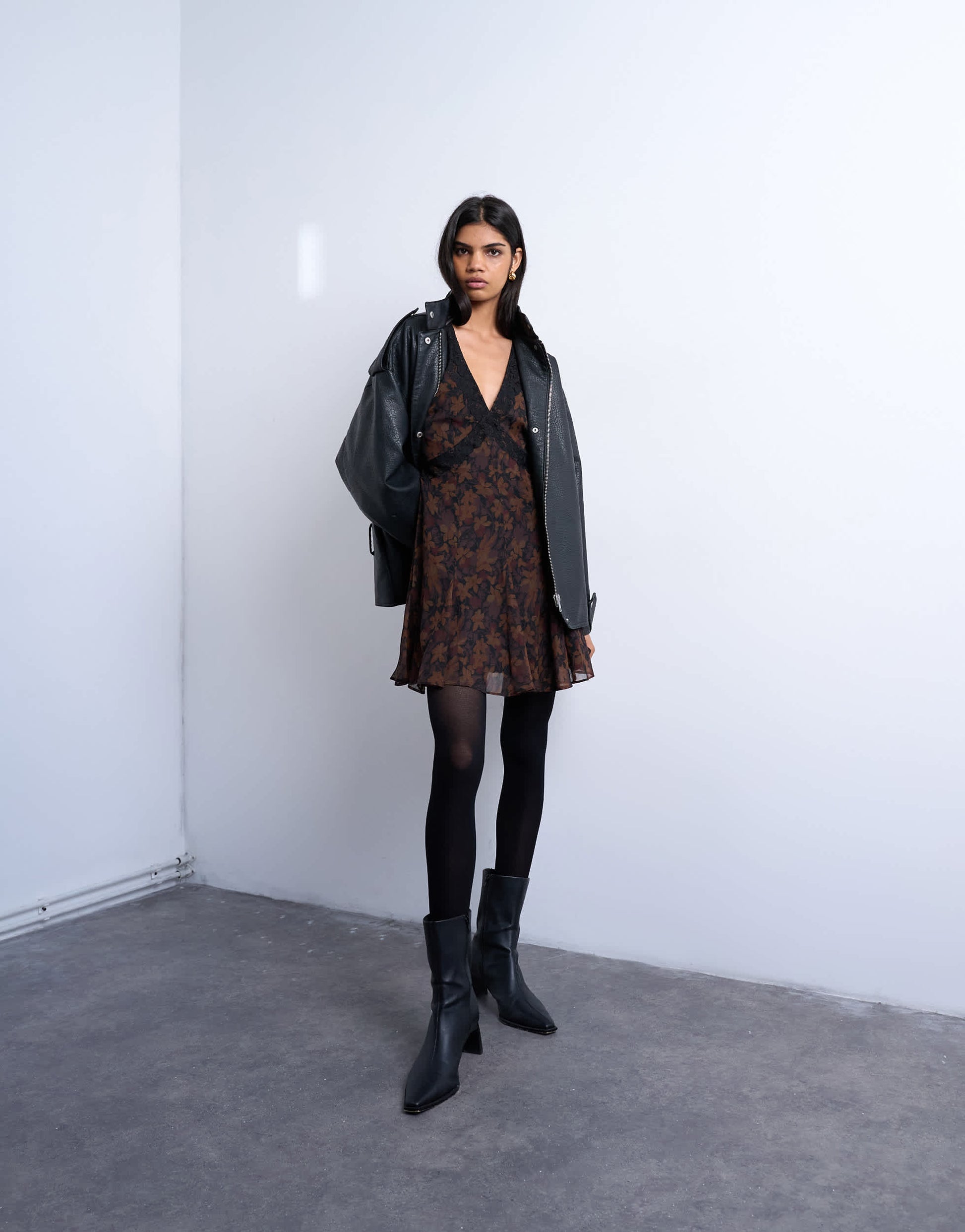 Topshop longsleeve lace trim mini tea dress in dark based floral