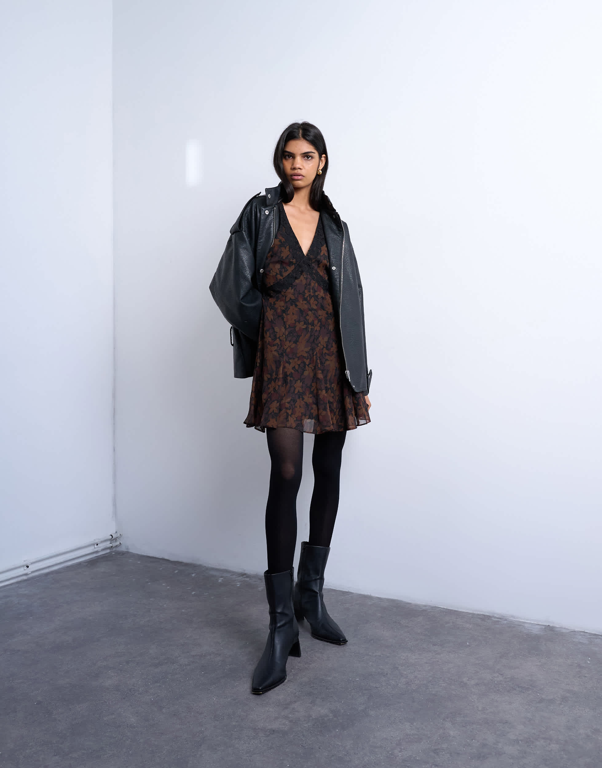 Topshop longsleeve lace trim mini tea dress in dark based floral