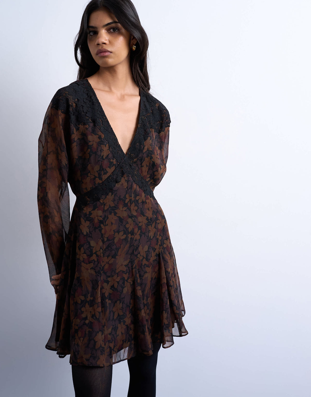 Topshop longsleeve lace trim mini tea dress in dark based floral