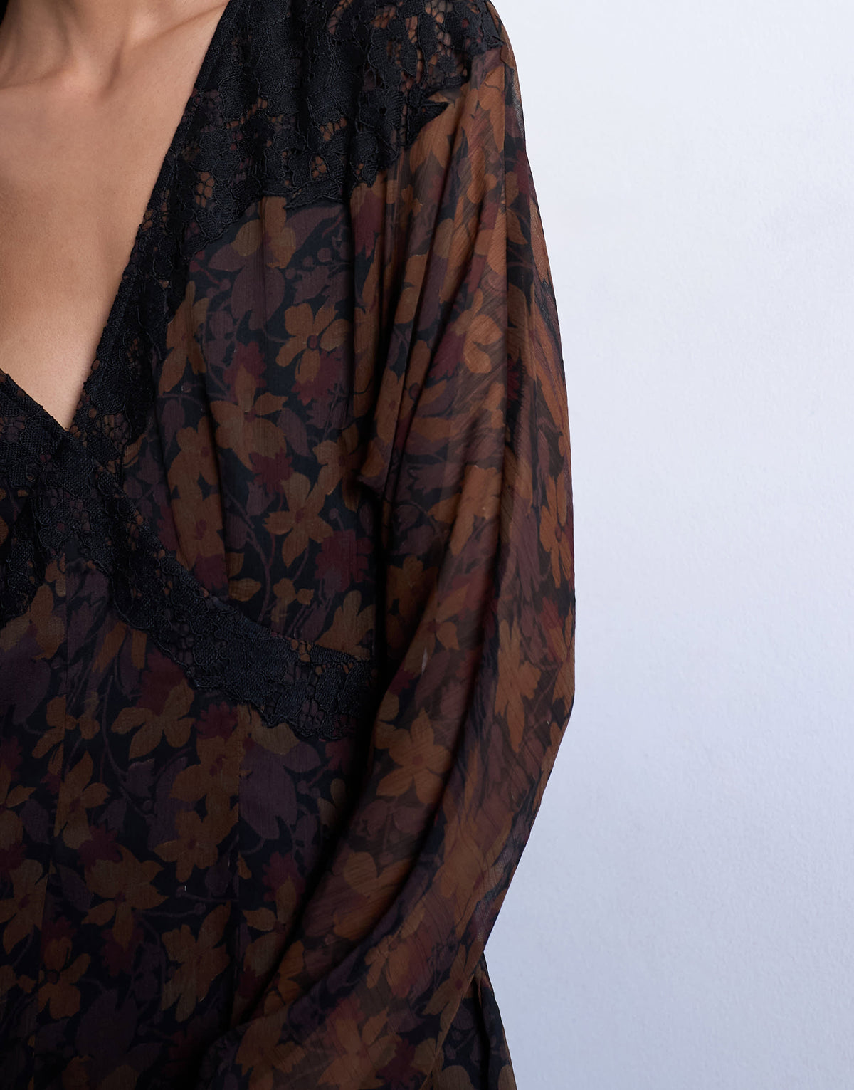 Topshop longsleeve lace trim mini tea dress in dark based floral