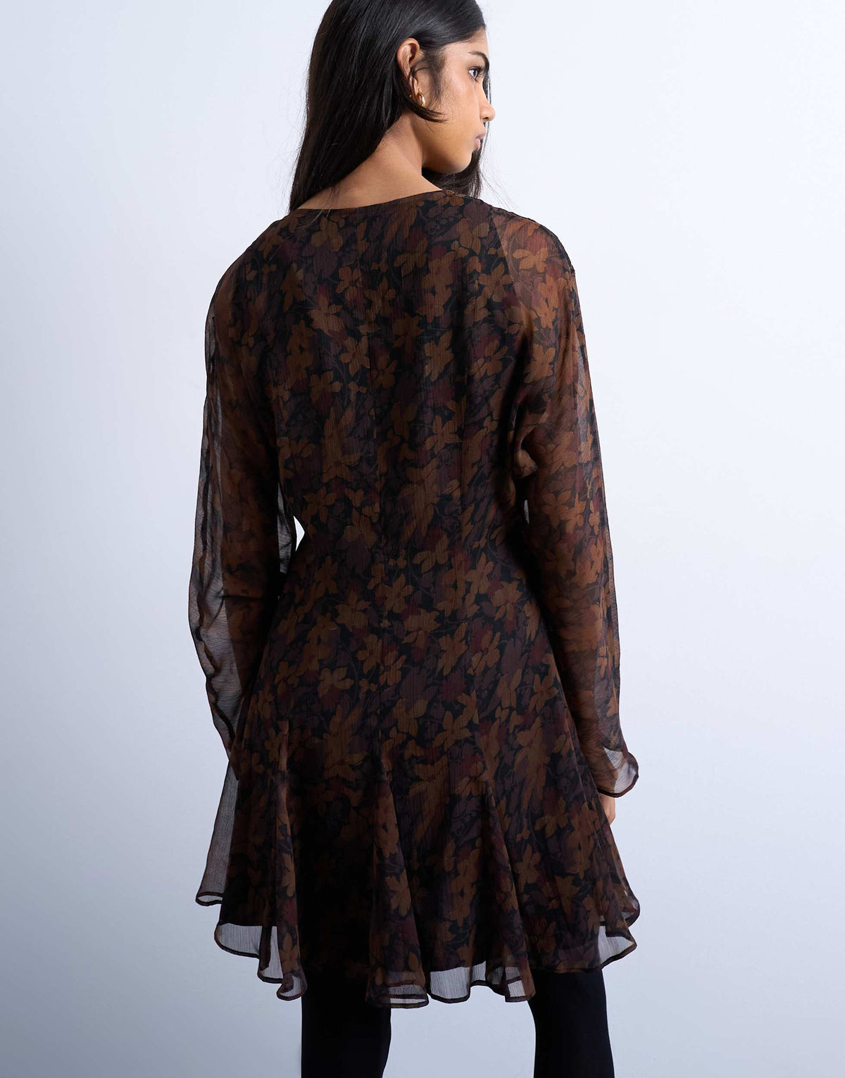 Topshop longsleeve lace trim mini tea dress in dark based floral