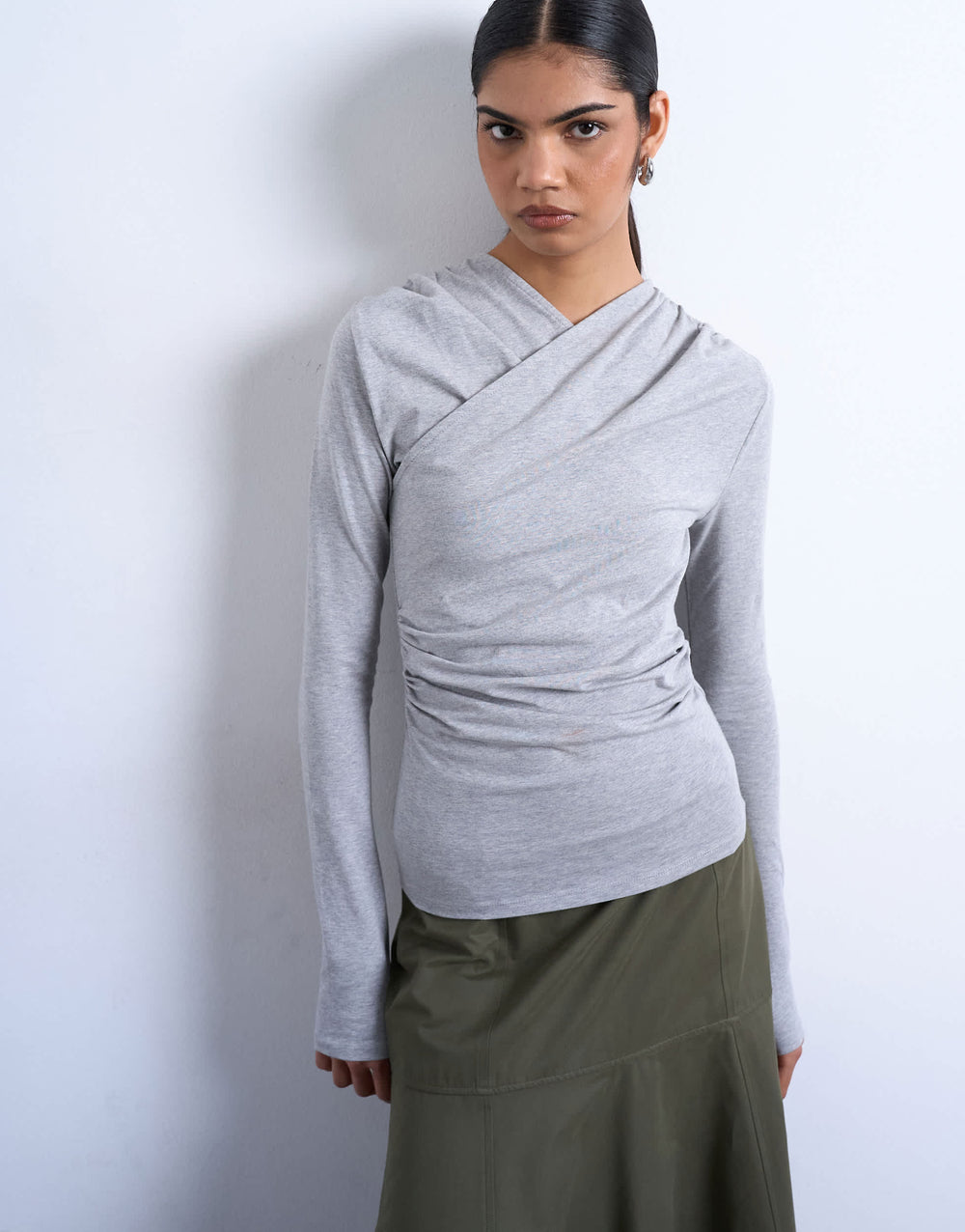 Topshop ruched wrap long sleeve top in grey marl