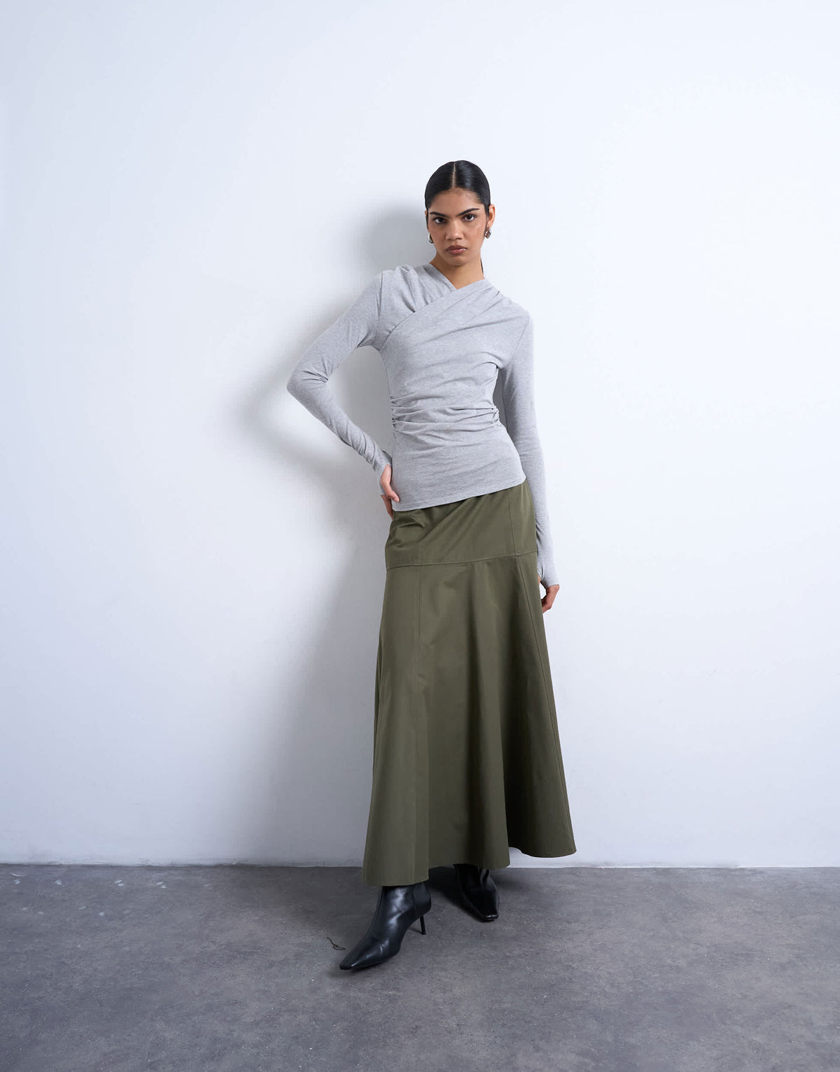 Topshop ruched wrap long sleeve top in grey marl