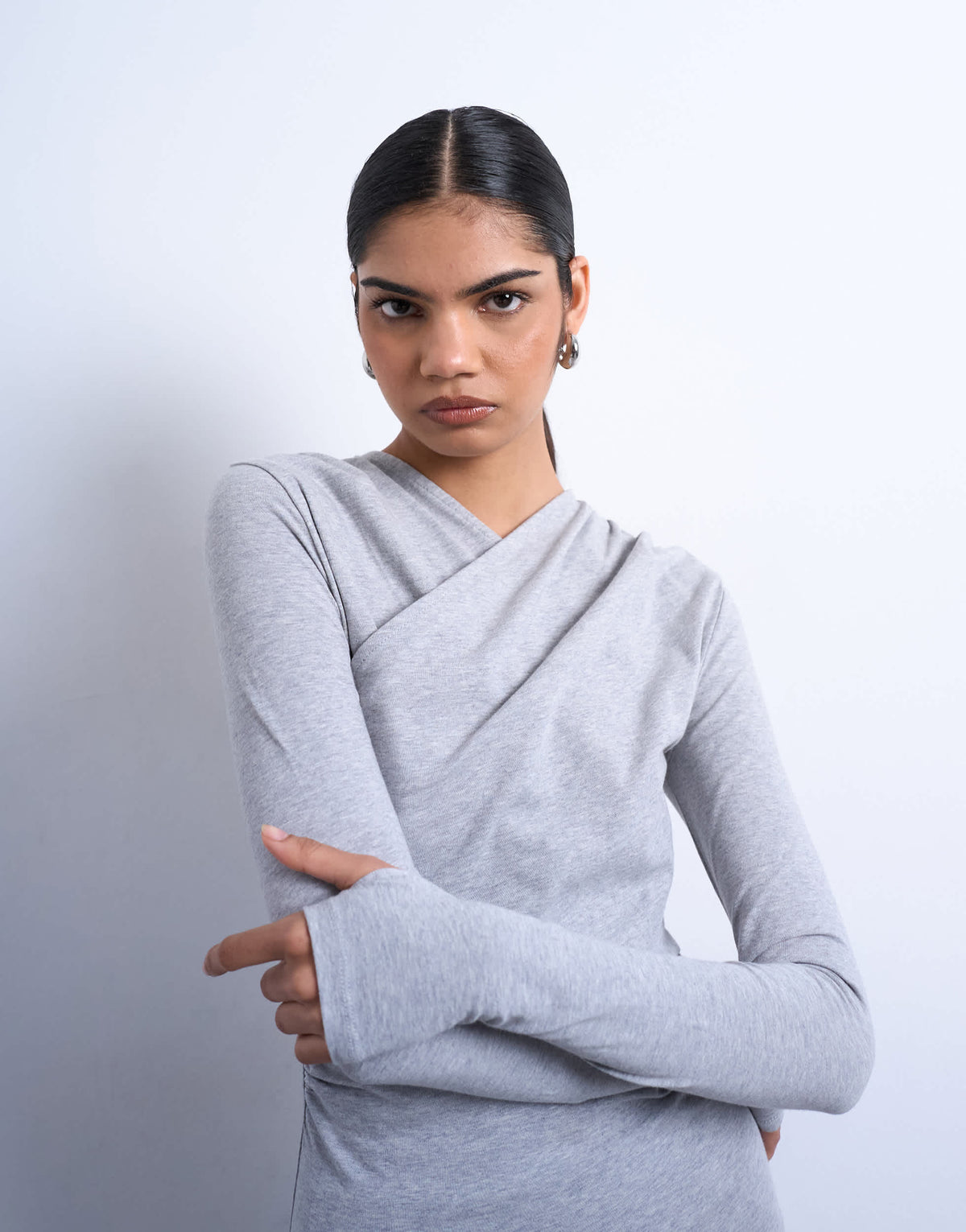 Topshop ruched wrap long sleeve top in grey marl